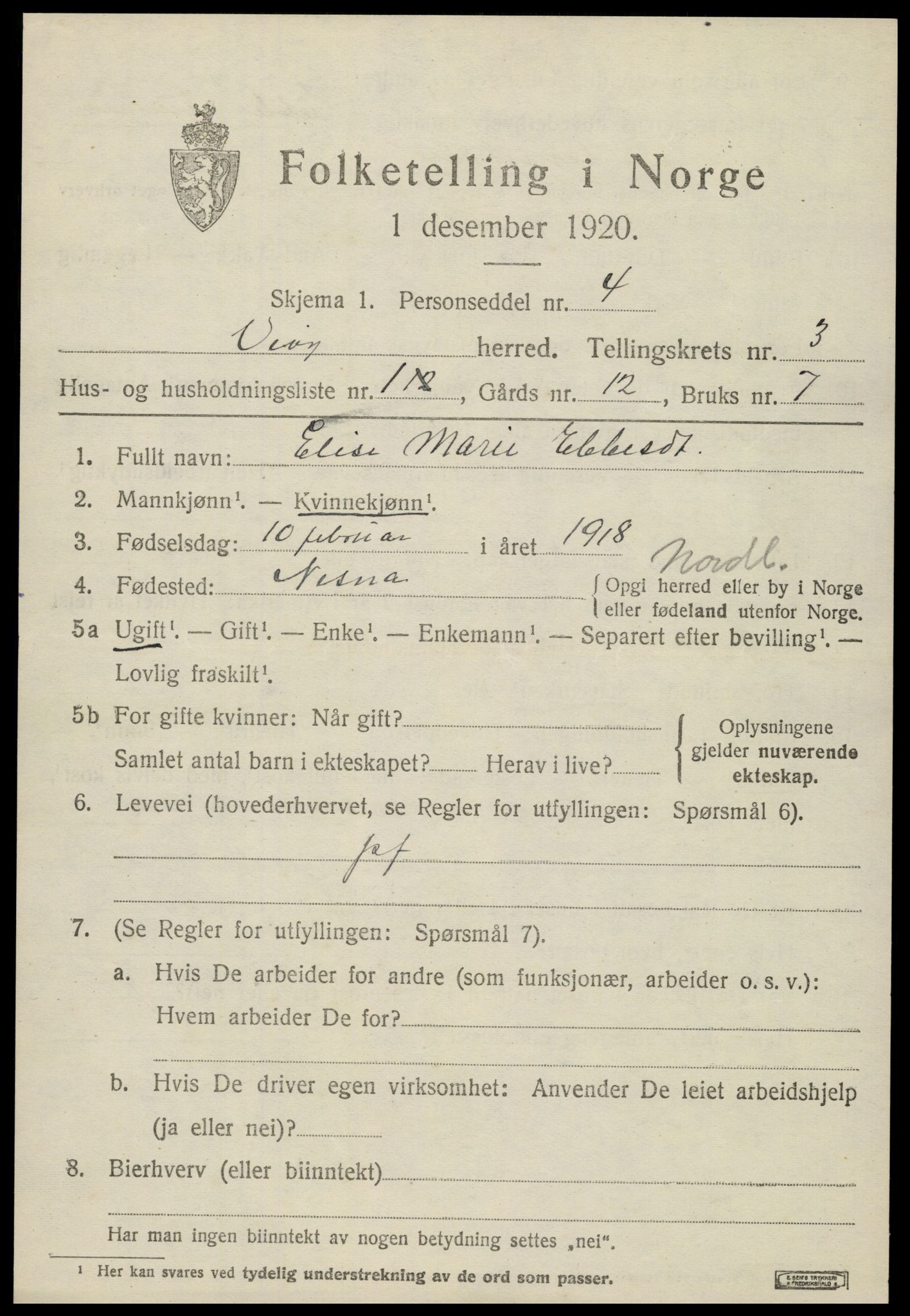 SAT, 1920 census for Veøy, 1920, p. 1445