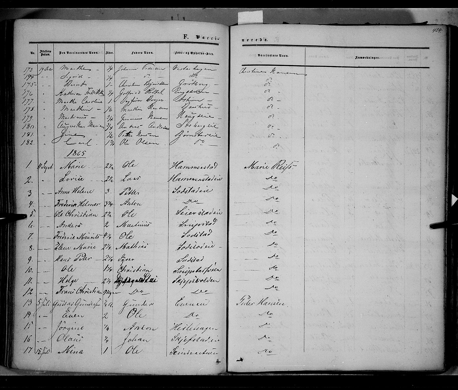 Østre Toten prestekontor, SAH/PREST-104/H/Ha/Haa/L0004: Parish register (official) no. 4, 1857-1865, p. 424