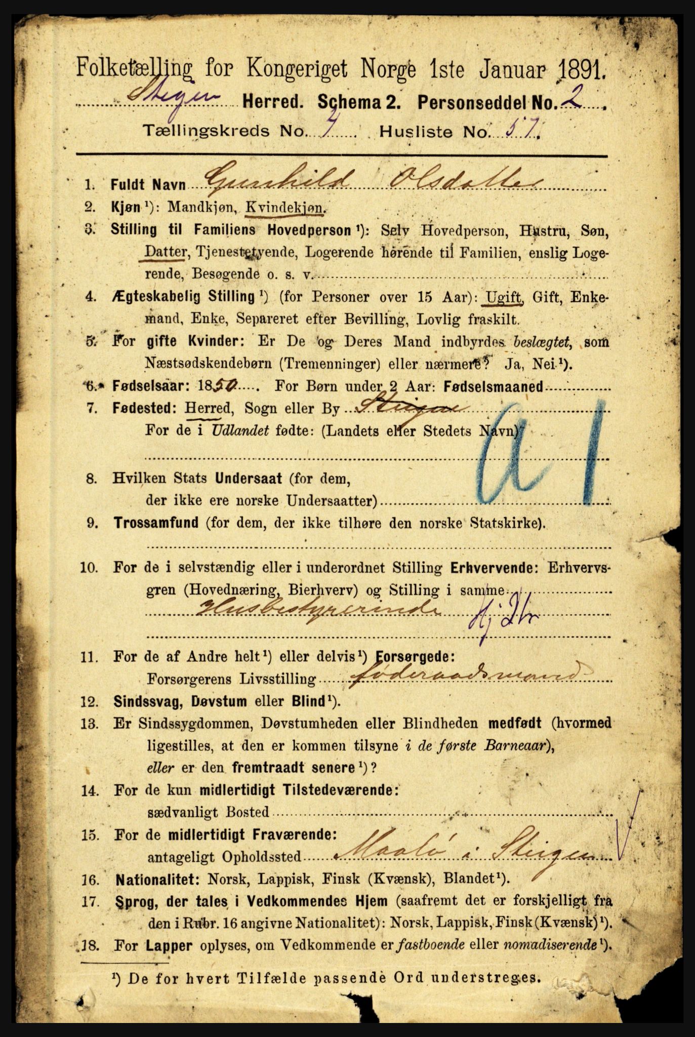 RA, 1891 census for 1848 Steigen, 1891, p. 1806