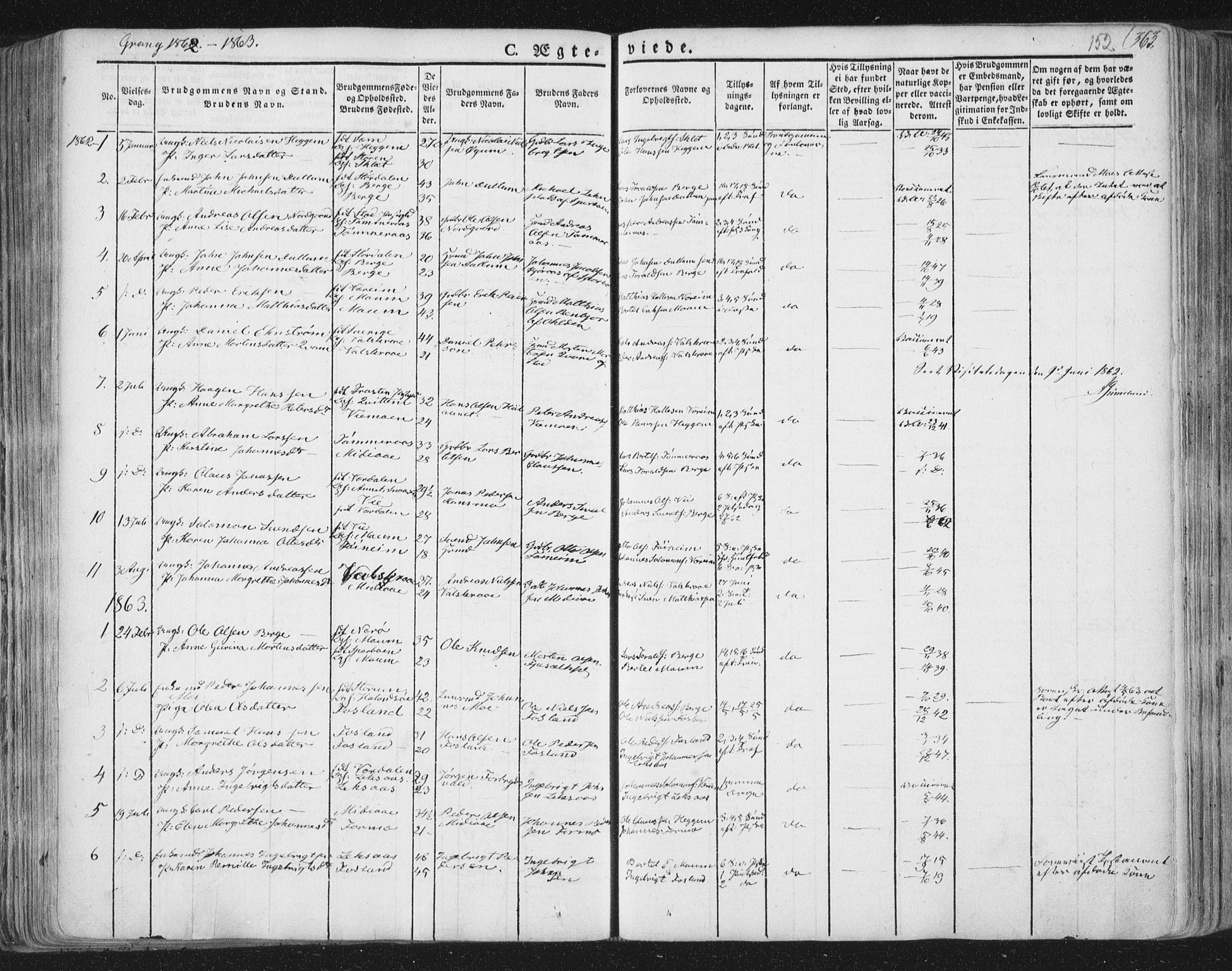 Ministerialprotokoller, klokkerbøker og fødselsregistre - Nord-Trøndelag, SAT/A-1458/758/L0513: Parish register (official) no. 758A02 /1, 1839-1868, p. 152