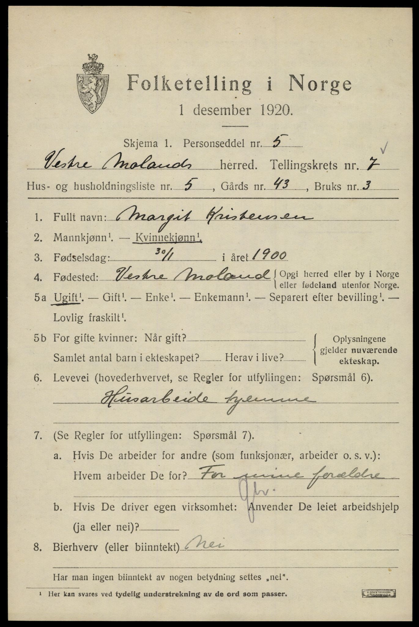 SAK, 1920 census for Vestre Moland, 1920, p. 4843