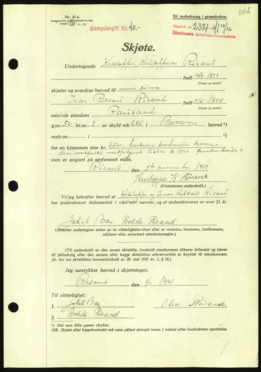 Nordmøre sorenskriveri, AV/SAT-A-4132/1/2/2Ca: Mortgage book no. A91, 1941-1942, Diary no: : 2387/1941