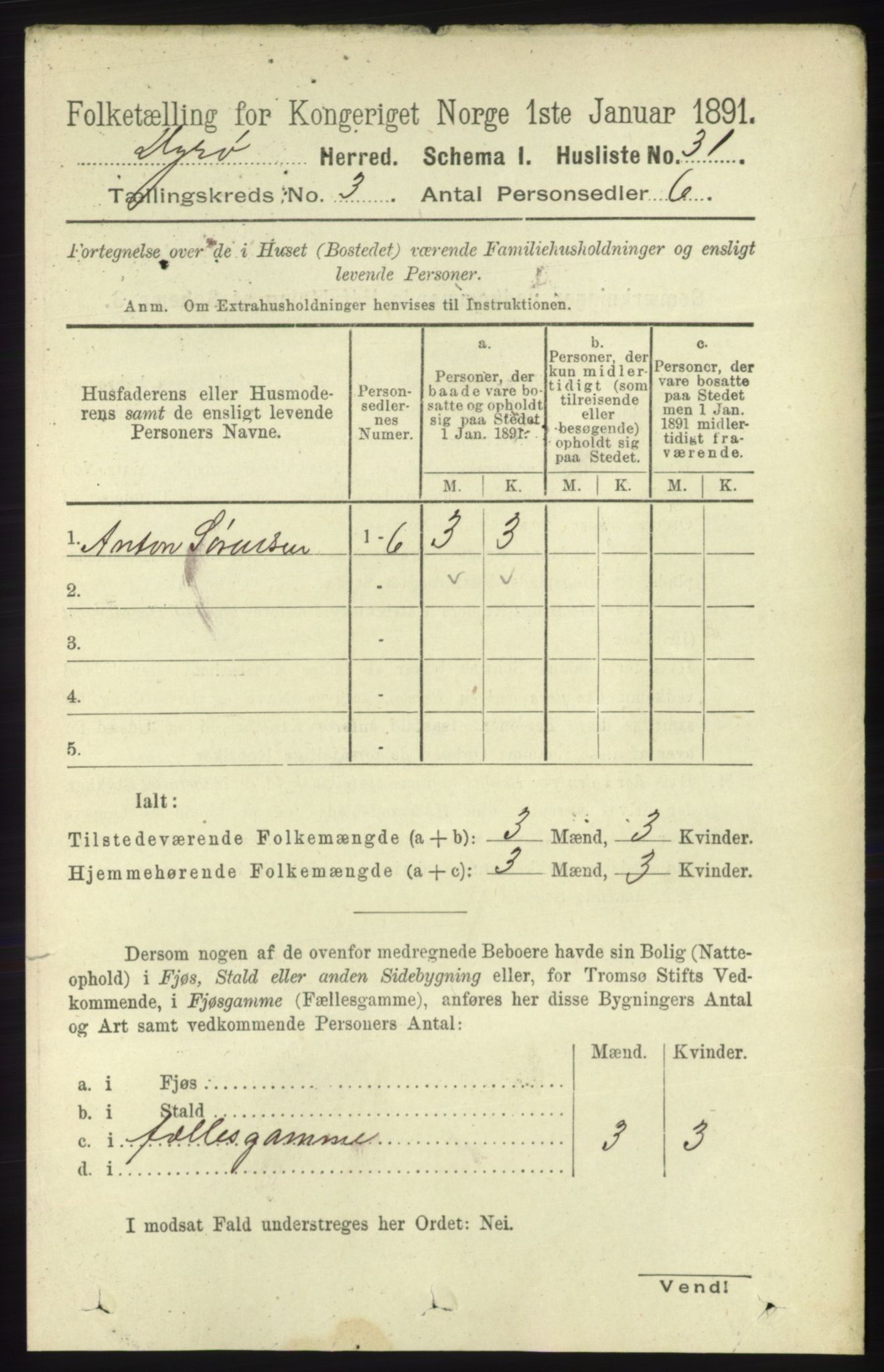 RA, 1891 census for 1926 Dyrøy, 1891, p. 1135