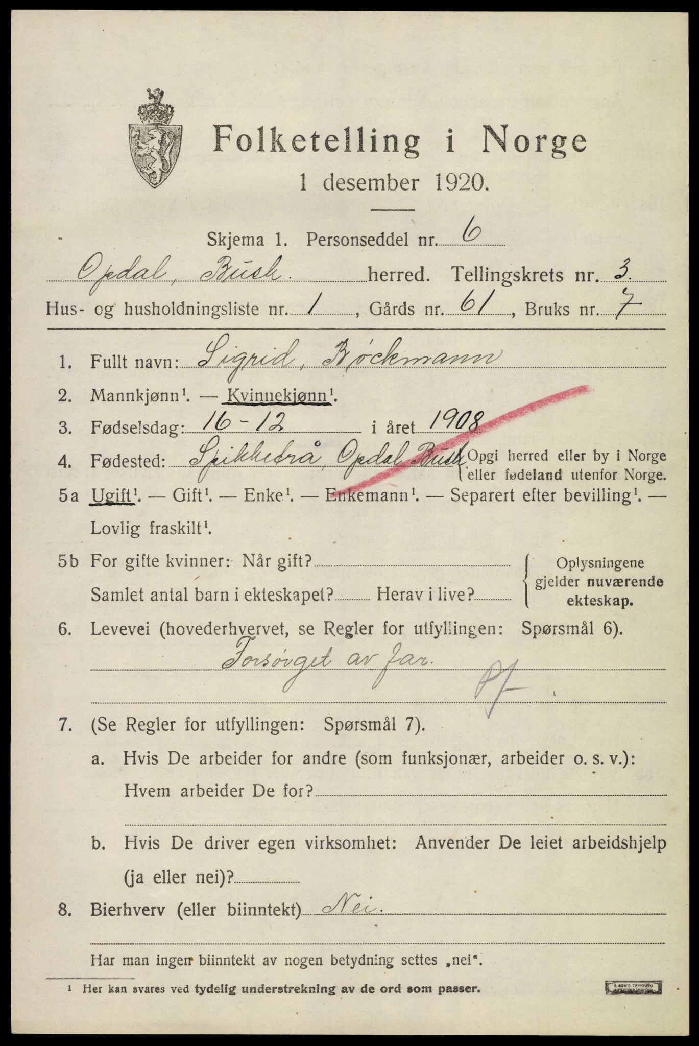 SAKO, 1920 census for Uvdal, 1920, p. 1301