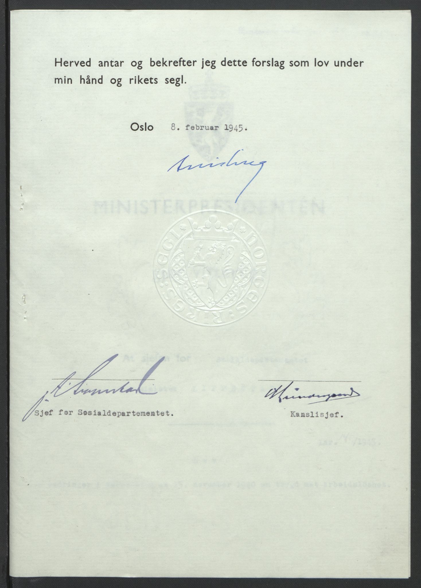 NS-administrasjonen 1940-1945 (Statsrådsekretariatet, de kommisariske statsråder mm), AV/RA-S-4279/D/Db/L0101/0001: -- / Lover og vedtak, 1945, p. 60