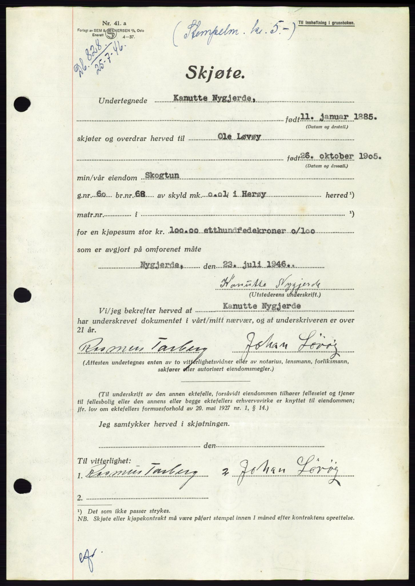 Søre Sunnmøre sorenskriveri, AV/SAT-A-4122/1/2/2C/L0078: Mortgage book no. 4A, 1946-1946, Diary no: : 828/1946