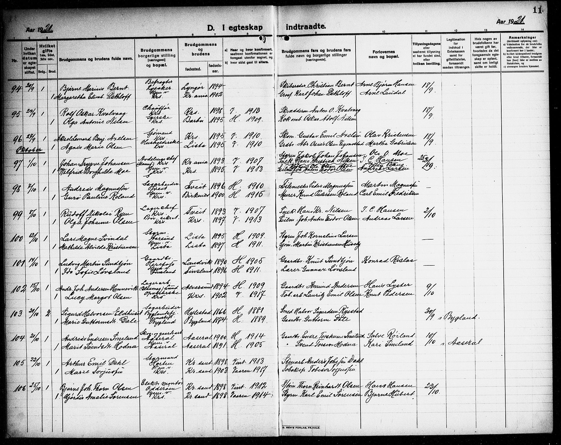 Kristiansand domprosti, AV/SAK-1112-0006/F/Fb/L0023: Parish register (copy) no. B 23, 1921-1937, p. 11