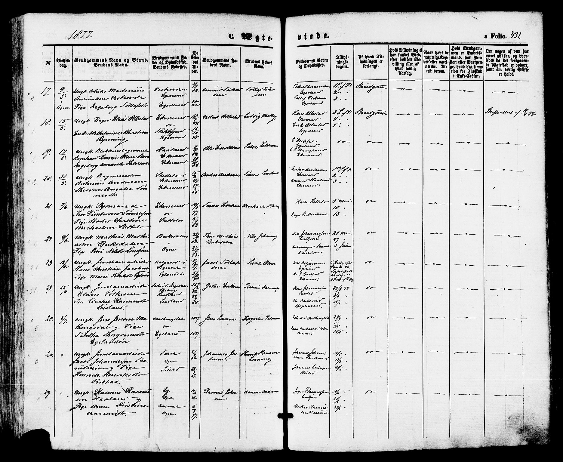 Eigersund sokneprestkontor, AV/SAST-A-101807/S08/L0014: Parish register (official) no. A 13, 1866-1878, p. 431