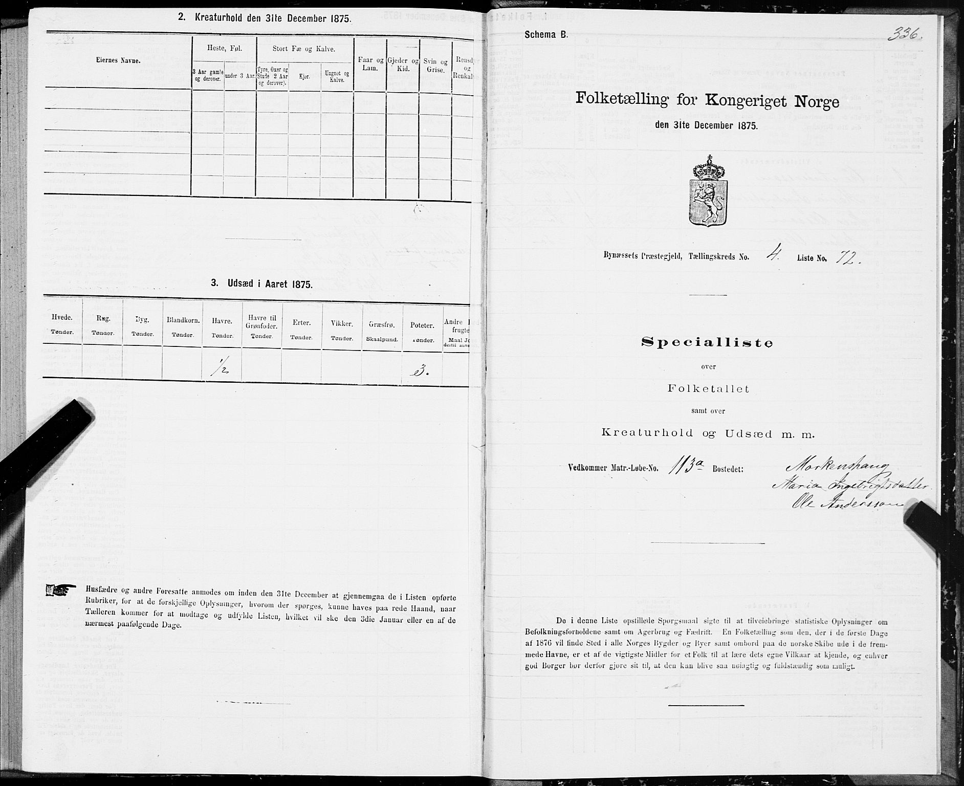 SAT, 1875 census for 1655P Byneset, 1875, p. 2336