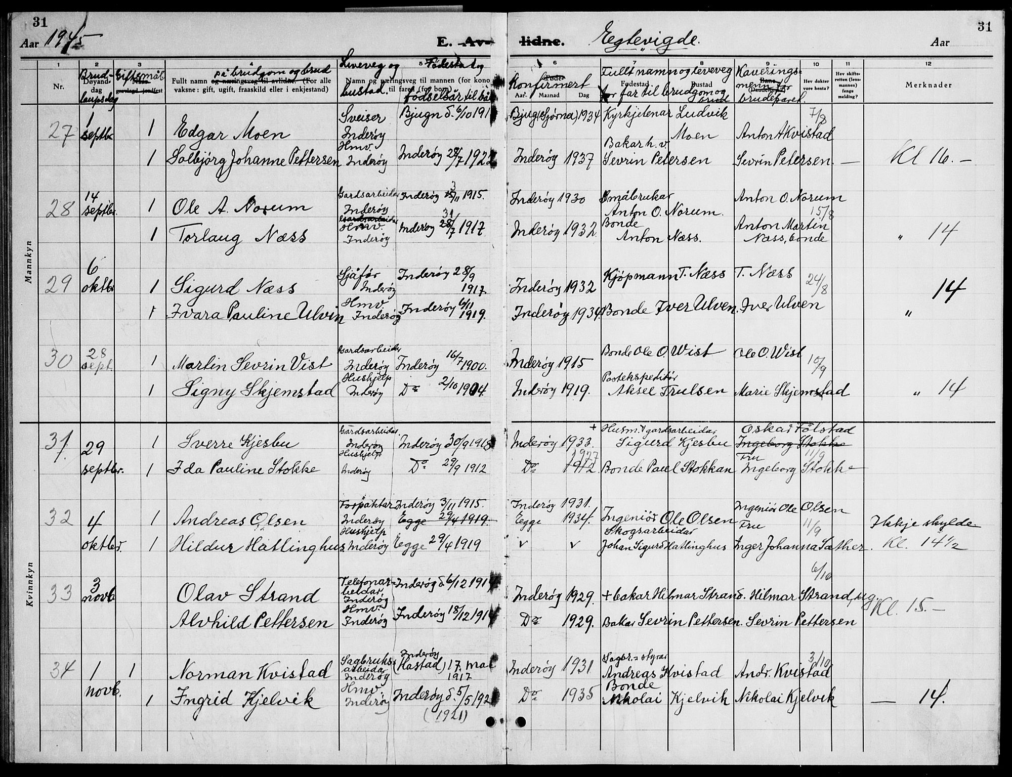 Ministerialprotokoller, klokkerbøker og fødselsregistre - Nord-Trøndelag, AV/SAT-A-1458/730/L0304: Parish register (copy) no. 730C07, 1934-1945, p. 31