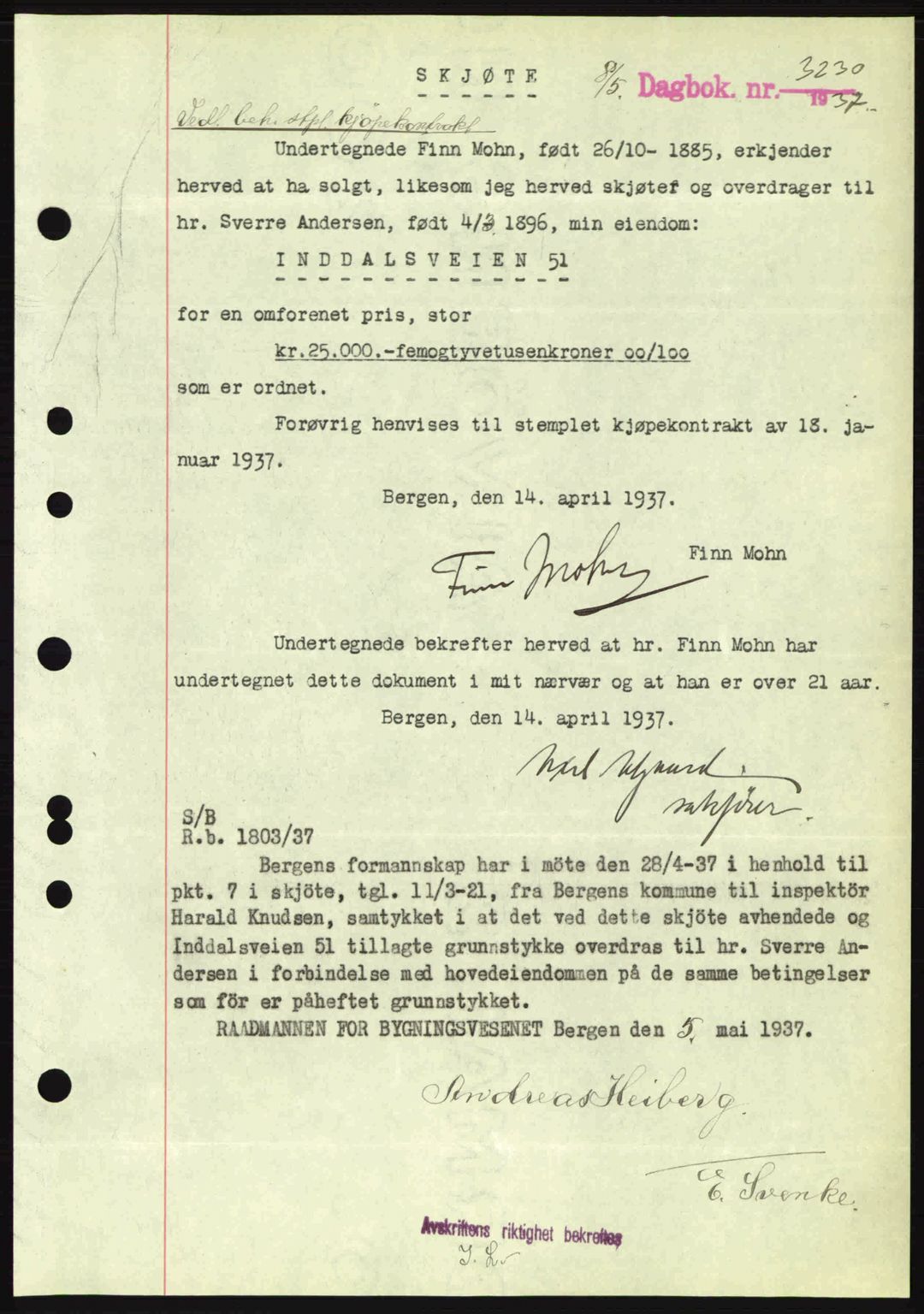 Byfogd og Byskriver i Bergen, SAB/A-3401/03/03Bc/L0004: Mortgage book no. A3-4, 1936-1937, Diary no: : 3230/1937