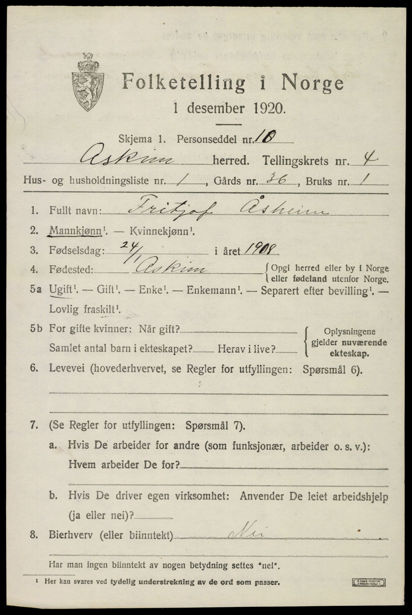 SAO, 1920 census for Askim, 1920, p. 7989