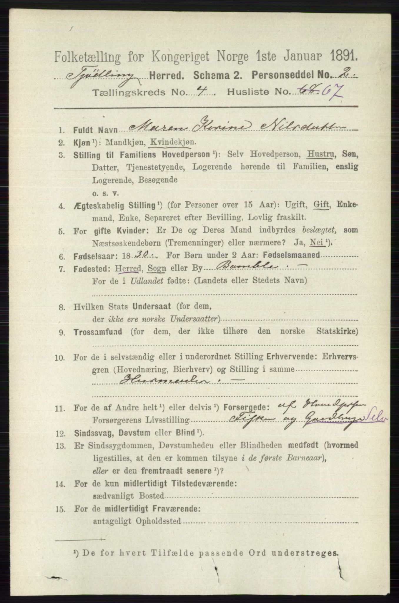 RA, 1891 census for 0725 Tjølling, 1891, p. 1821