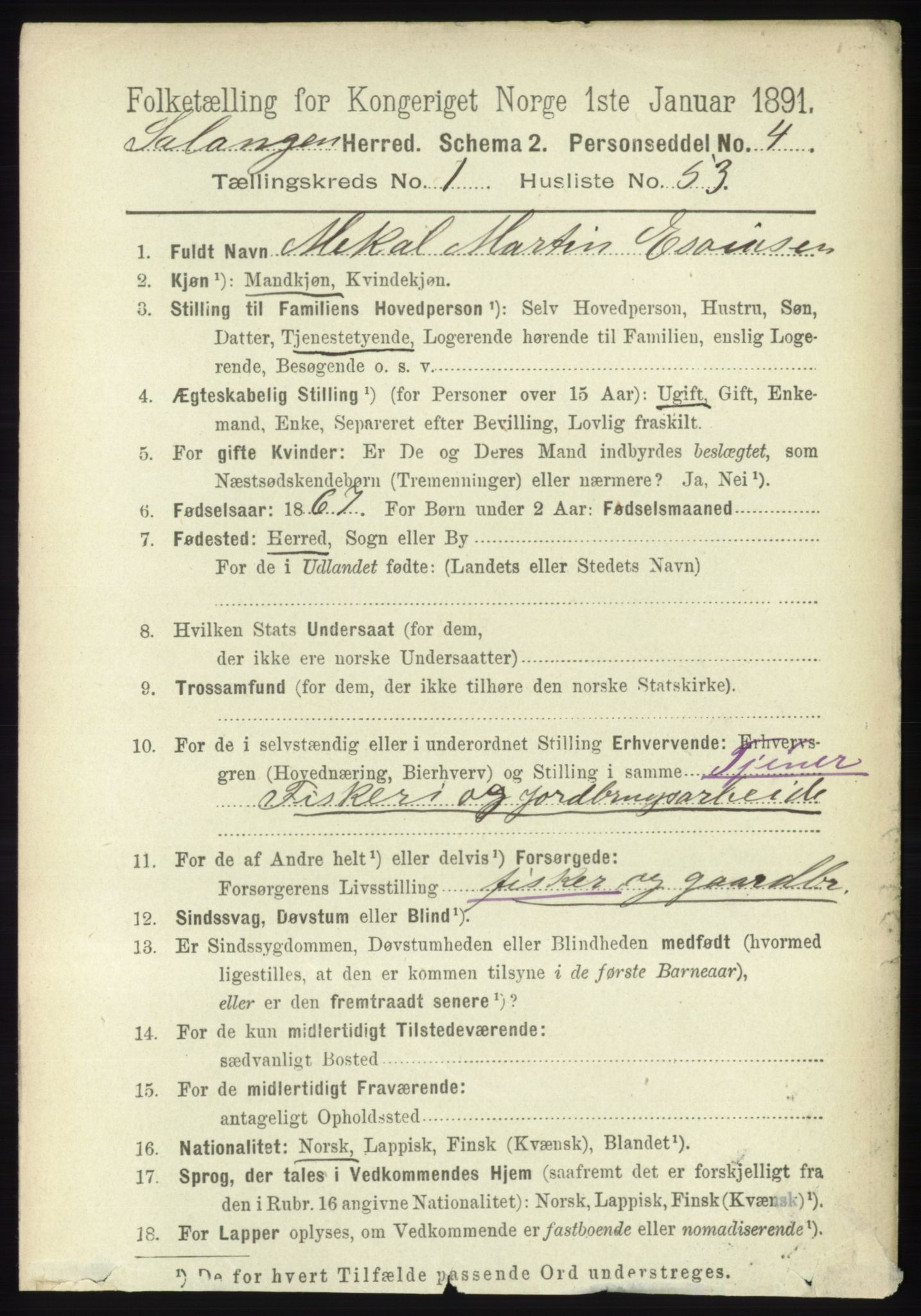 RA, 1891 census for 1921 Salangen, 1891, p. 454