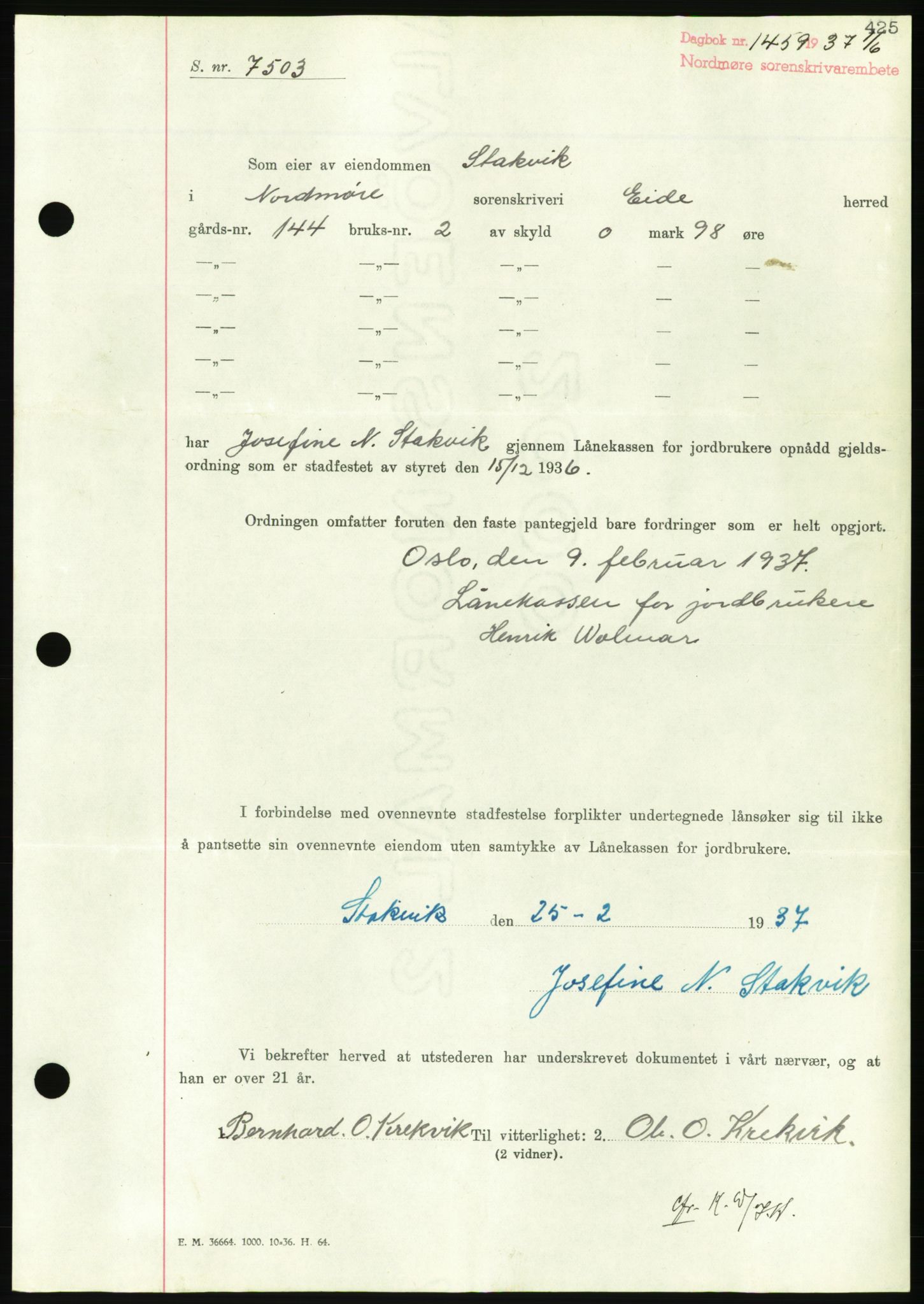 Nordmøre sorenskriveri, AV/SAT-A-4132/1/2/2Ca/L0091: Mortgage book no. B81, 1937-1937, Diary no: : 1459/1937