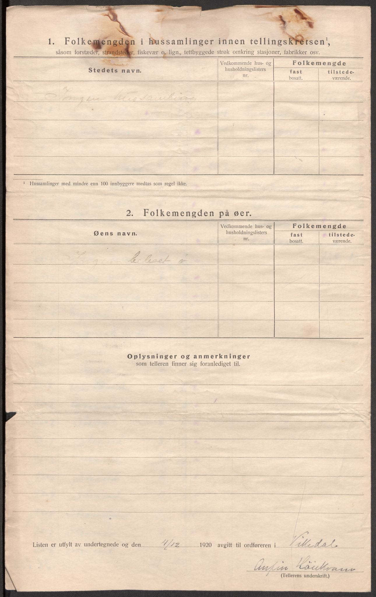 SAST, 1920 census for Vikedal, 1920, p. 20