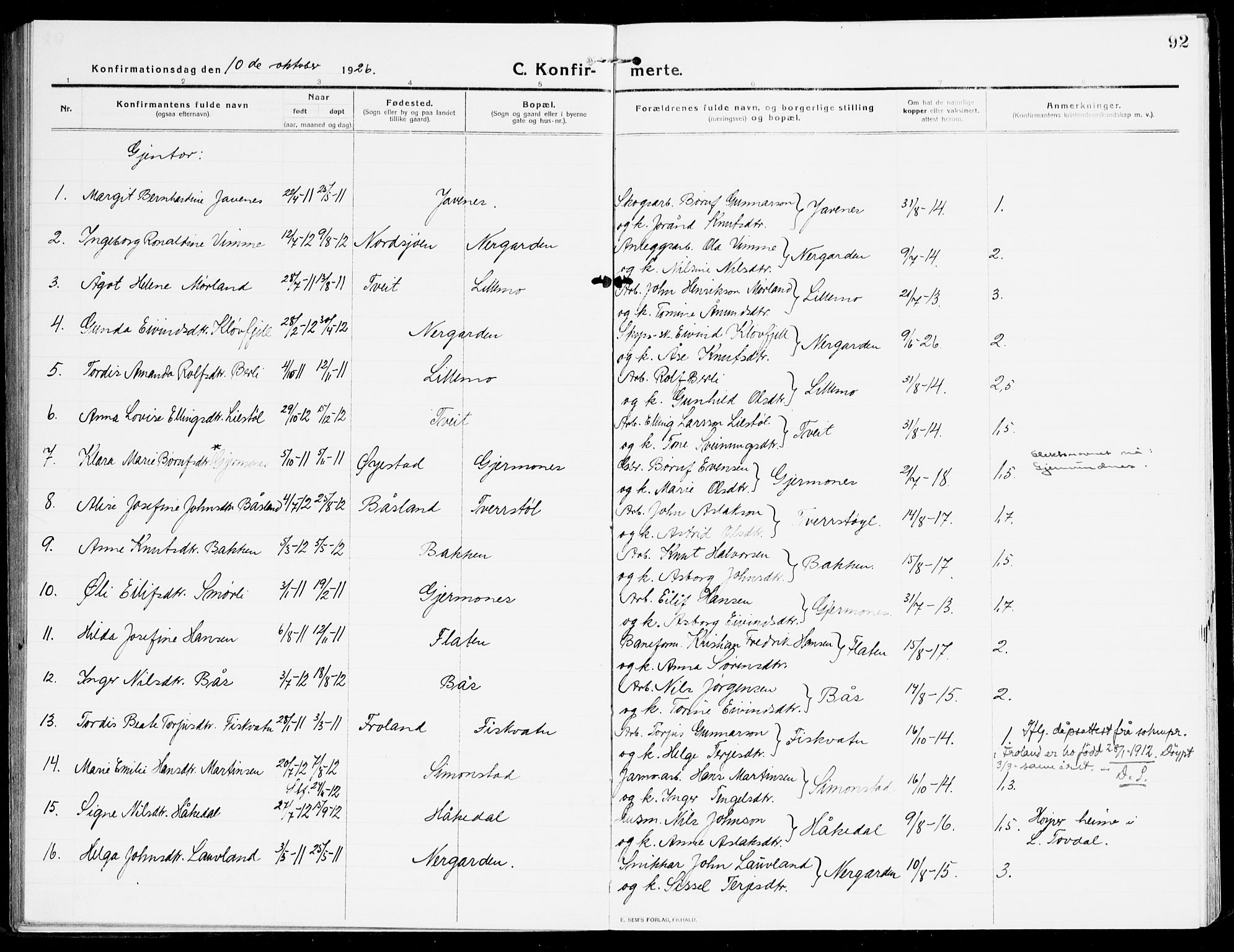 Åmli sokneprestkontor, SAK/1111-0050/F/Fa/Fac/L0013: Parish register (official) no. A 13, 1914-1933, p. 92