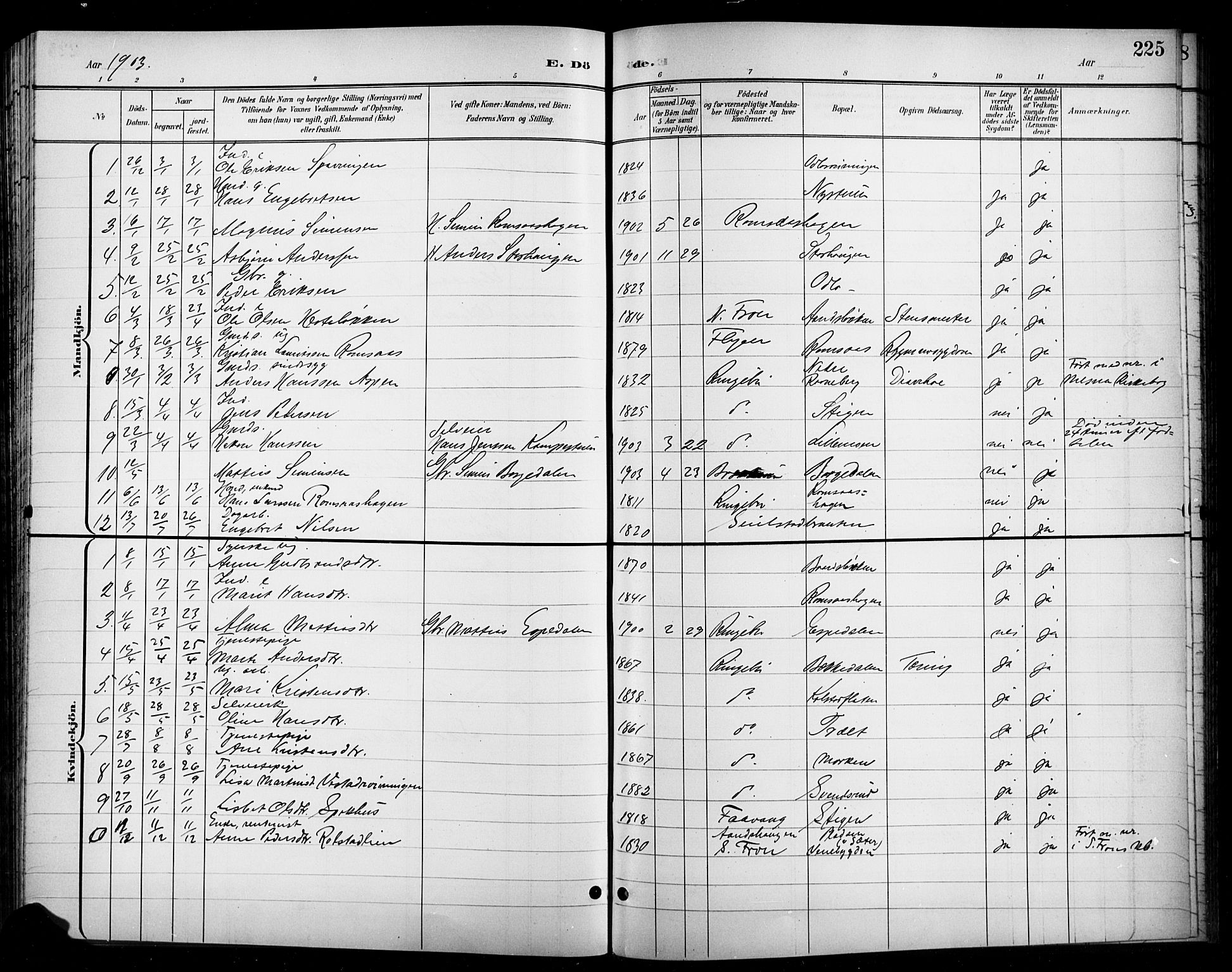 Ringebu prestekontor, SAH/PREST-082/H/Ha/Hab/L0009: Parish register (copy) no. 9, 1899-1921, p. 225