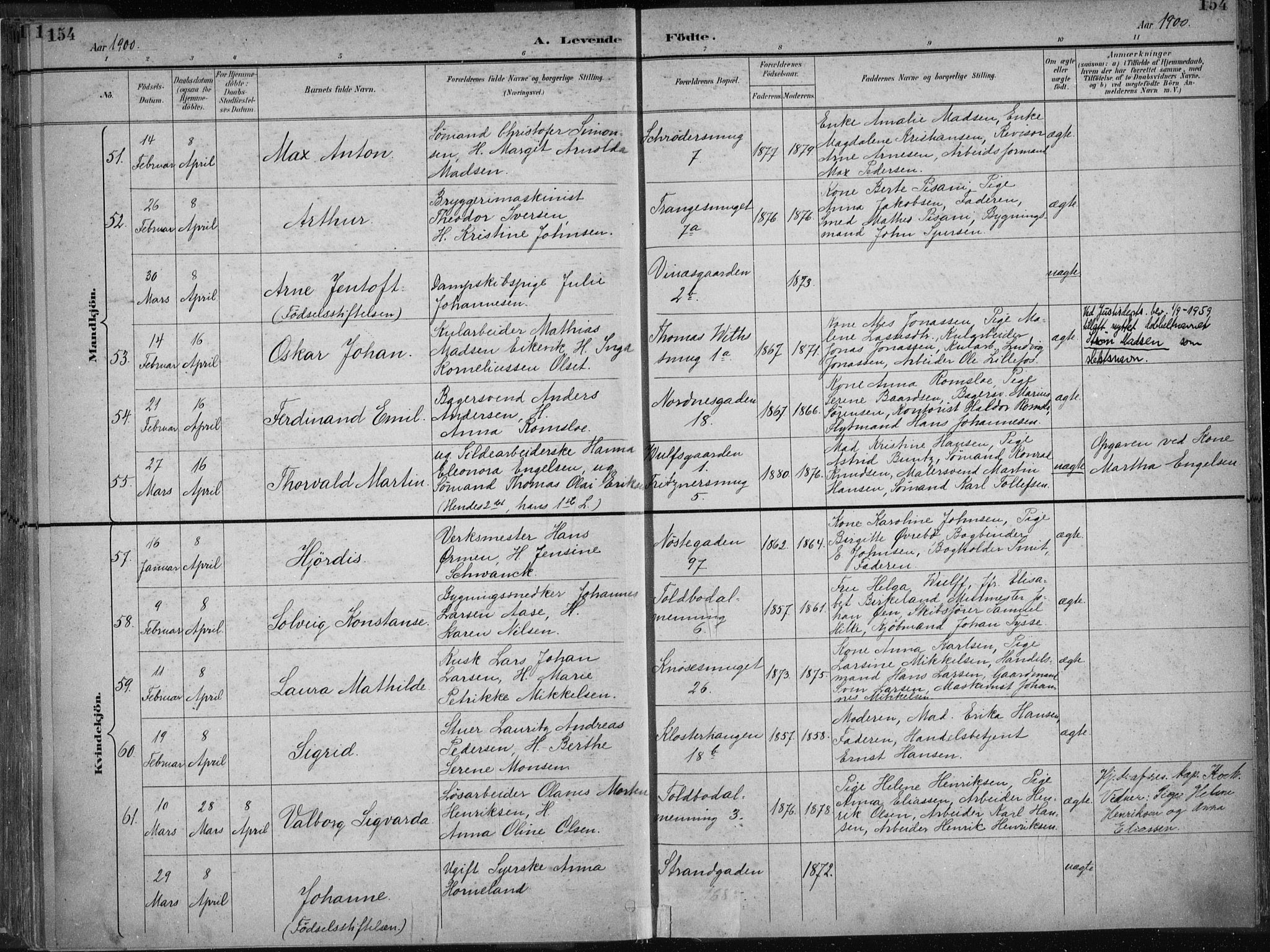 Nykirken Sokneprestembete, AV/SAB-A-77101/H/Haa/L0018: Parish register (official) no. B 6, 1895-1903, p. 154