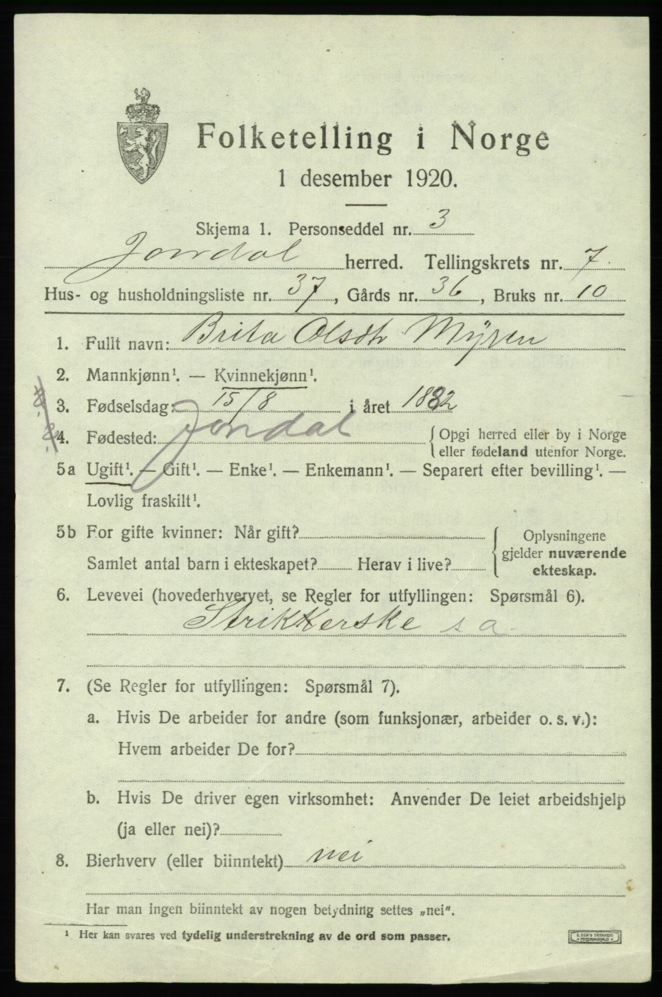 SAB, 1920 census for Jondal, 1920, p. 4234