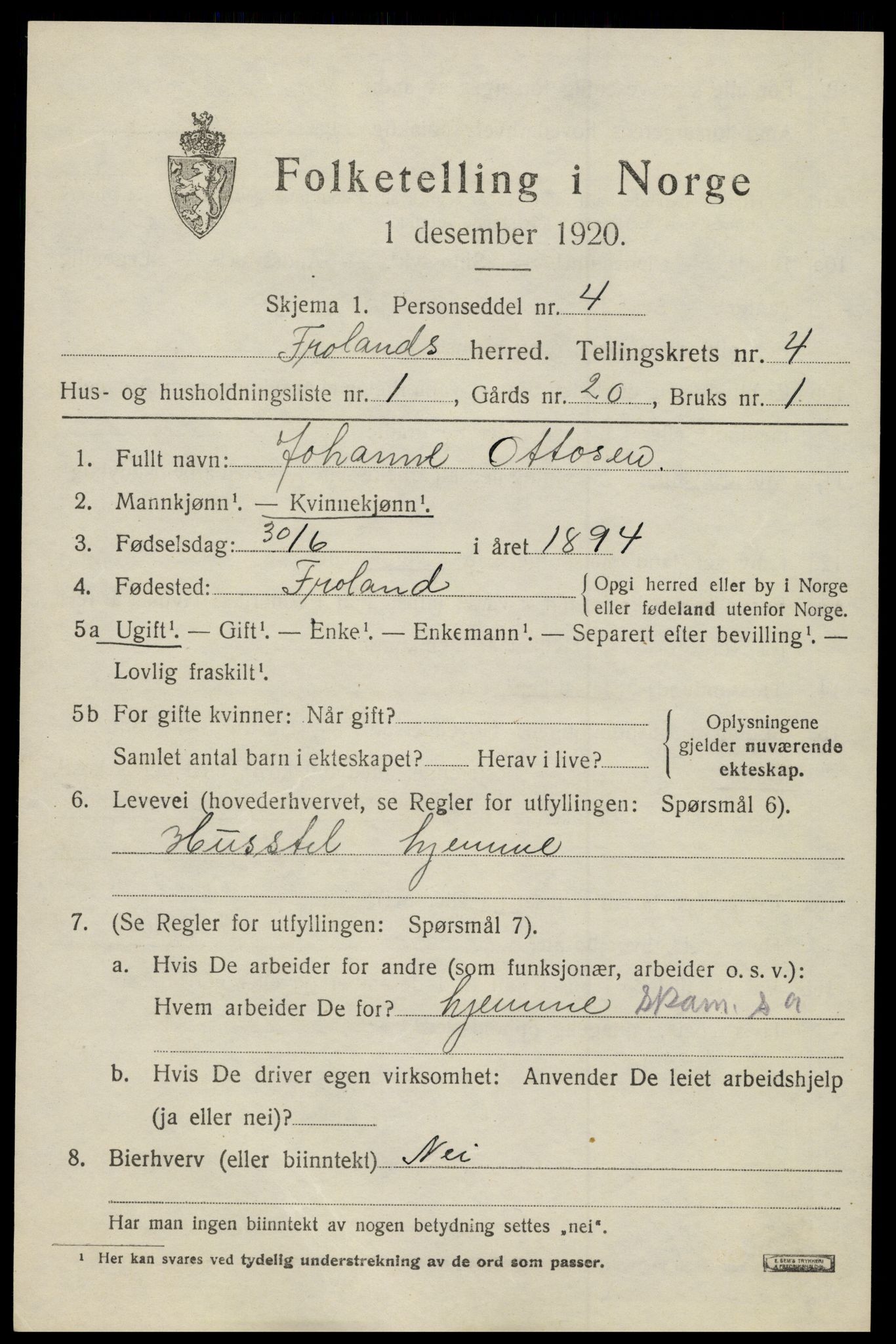 SAK, 1920 census for Froland, 1920, p. 3149