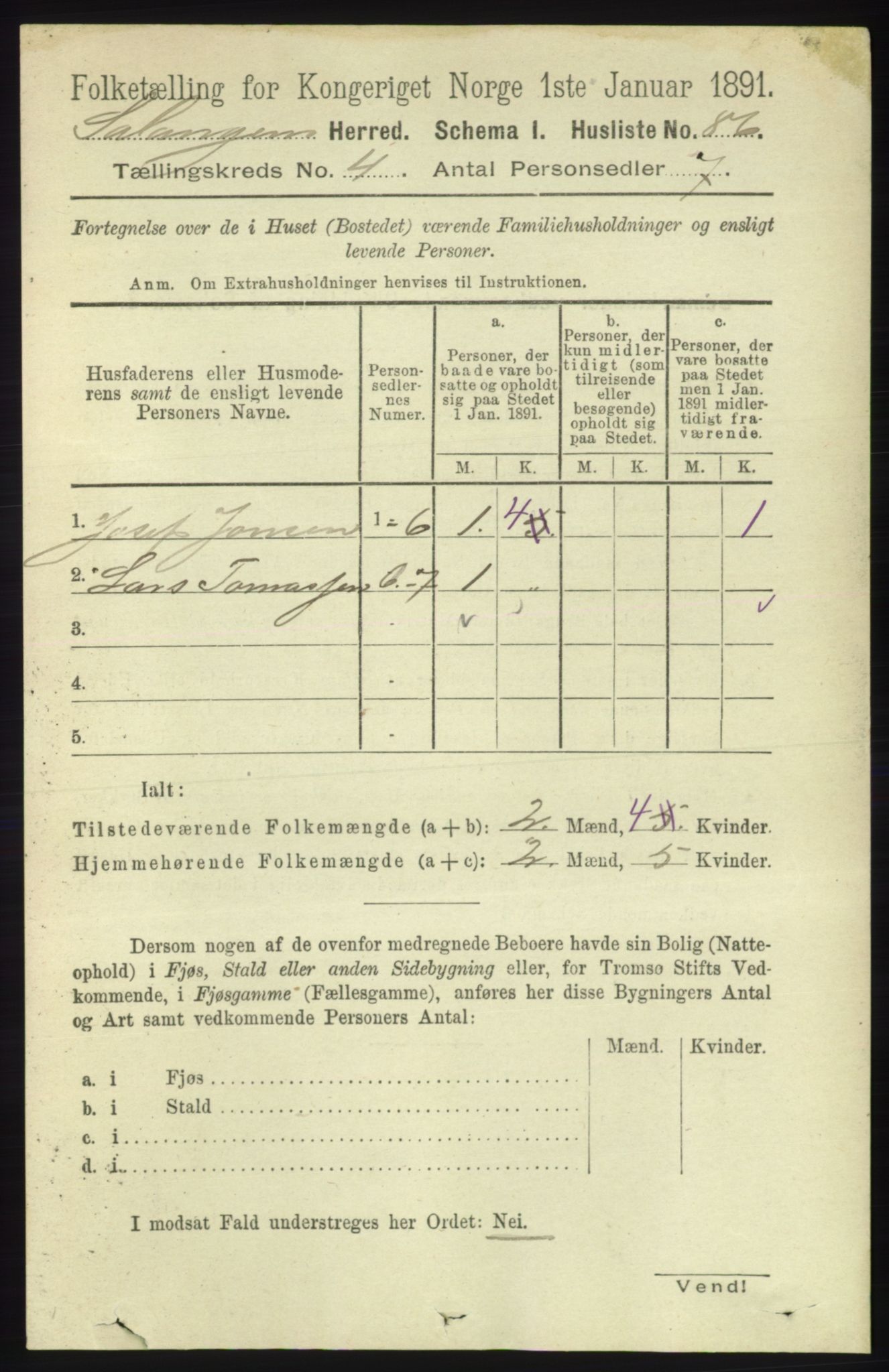 RA, 1891 census for 1921 Salangen, 1891, p. 1823