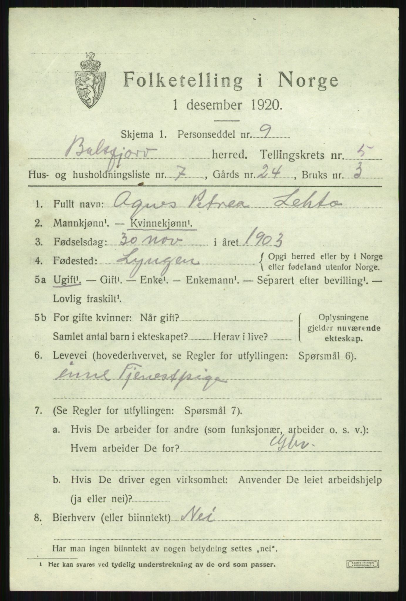 SATØ, 1920 census for Balsfjord, 1920, p. 3198