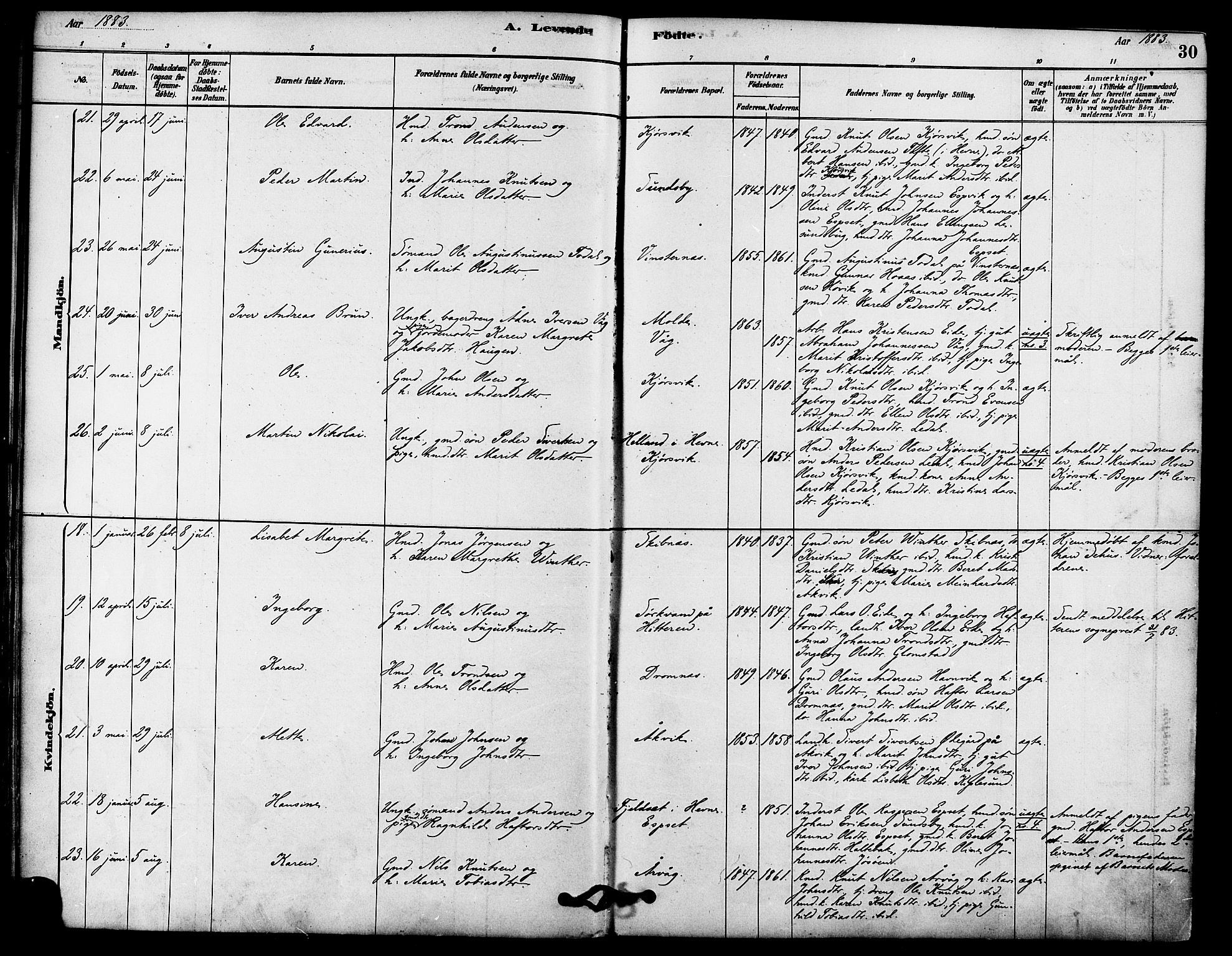 Ministerialprotokoller, klokkerbøker og fødselsregistre - Møre og Romsdal, AV/SAT-A-1454/578/L0906: Parish register (official) no. 578A05, 1878-1886, p. 30