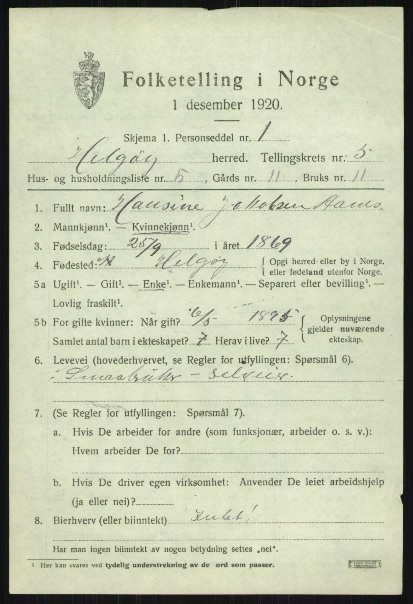 SATØ, 1920 census for Helgøy, 1920, p. 1991