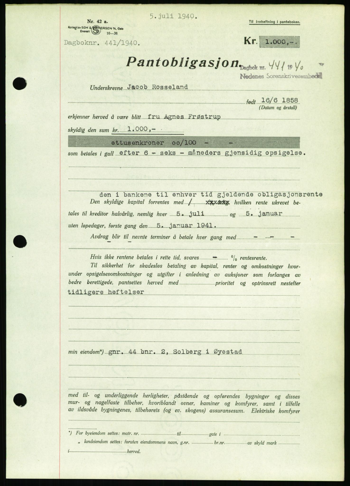 Nedenes sorenskriveri, AV/SAK-1221-0006/G/Gb/Gbb/L0001: Mortgage book no. I, 1939-1942, Diary no: : 441/1940