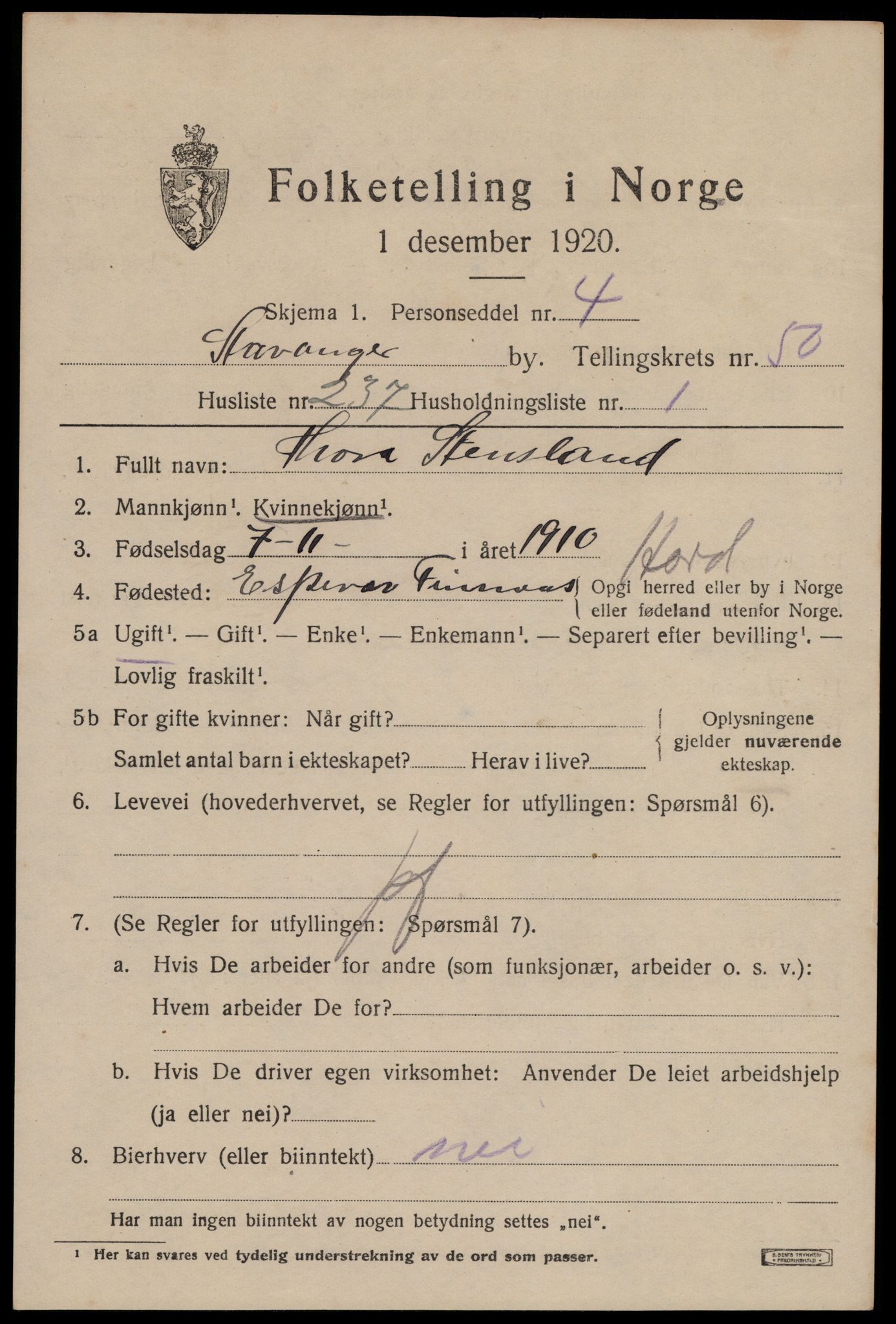 SAST, 1920 census for Stavanger, 1920, p. 122318