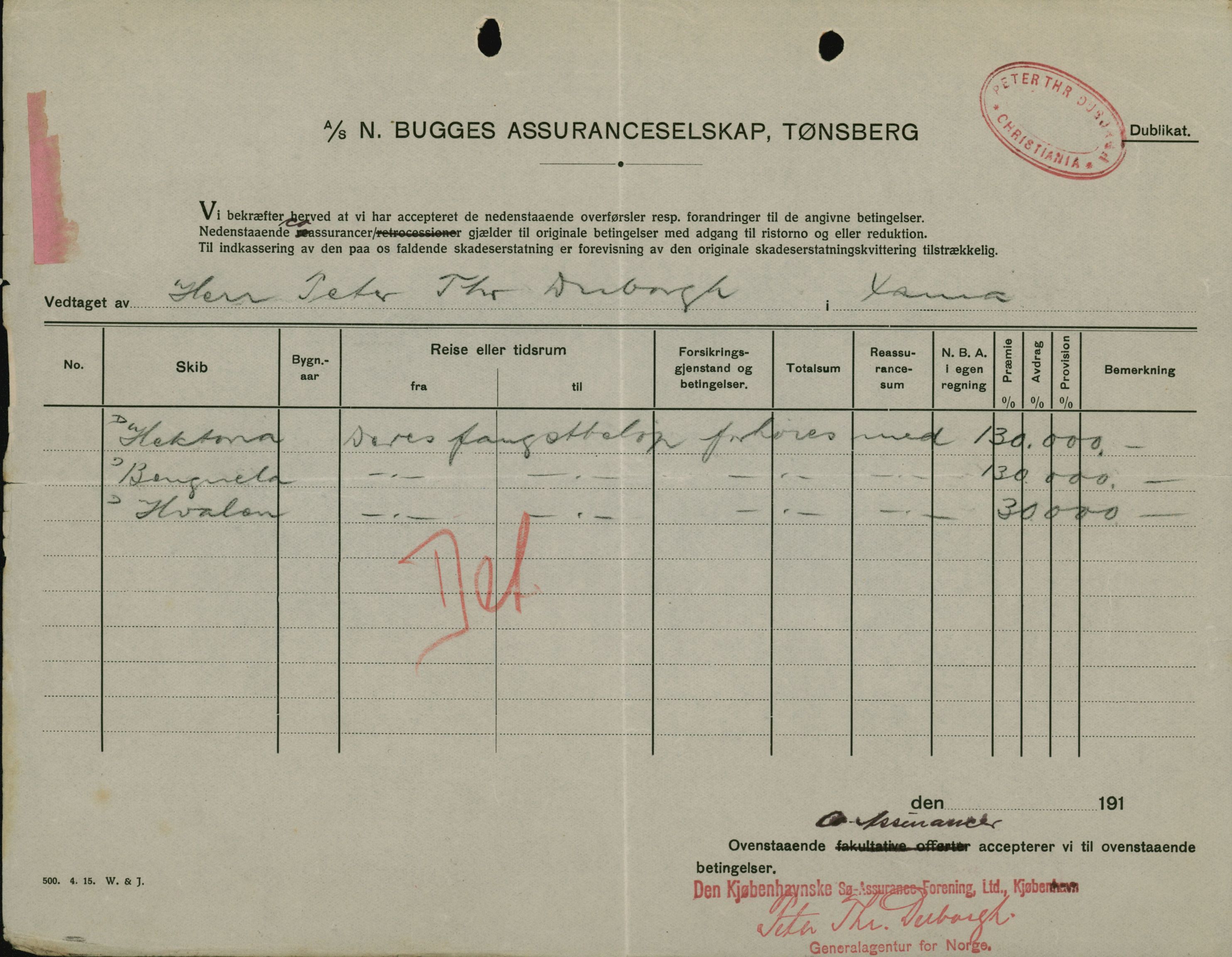 Pa 664 - Tønsberg Sjøforsikringsselskap, VEMU/A-1773/F/L0001: Forsikringspoliser, 1915-1918