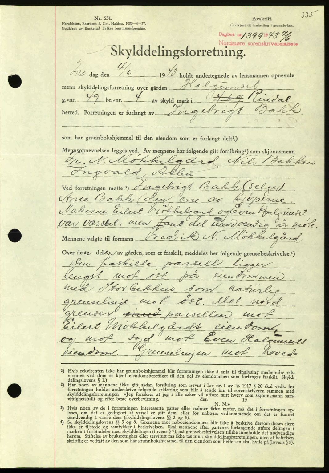 Nordmøre sorenskriveri, AV/SAT-A-4132/1/2/2Ca: Mortgage book no. A95, 1943-1943, Diary no: : 1399/1943