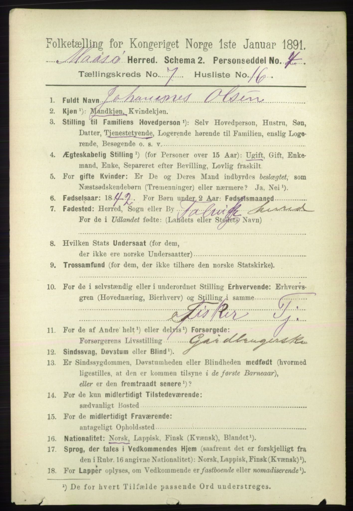 RA, 1891 census for 2018 Måsøy, 1891, p. 1495