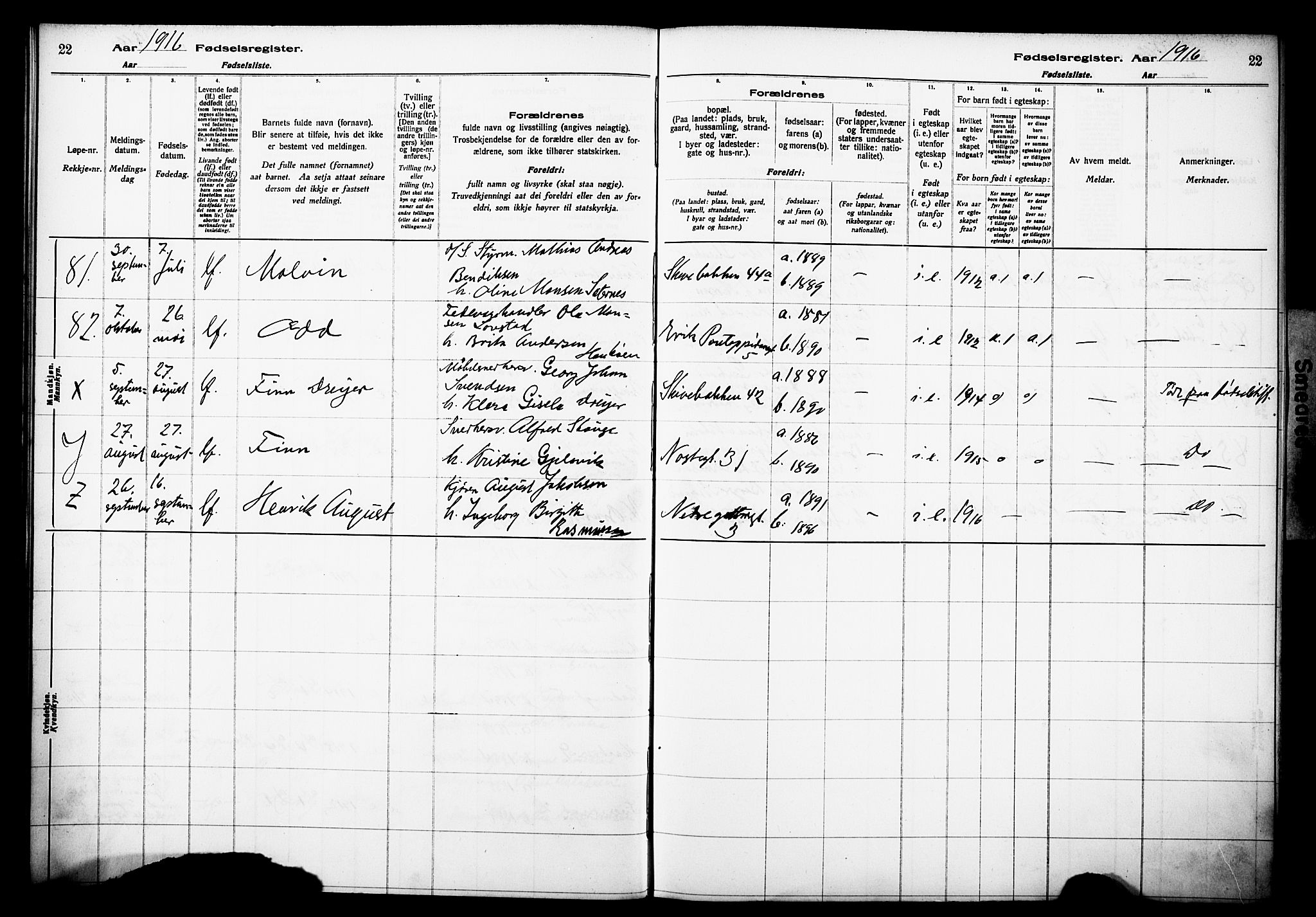 Domkirken sokneprestembete, AV/SAB-A-74801/I/Id/L00A1: Birth register no. A 1, 1916-1923, p. 22