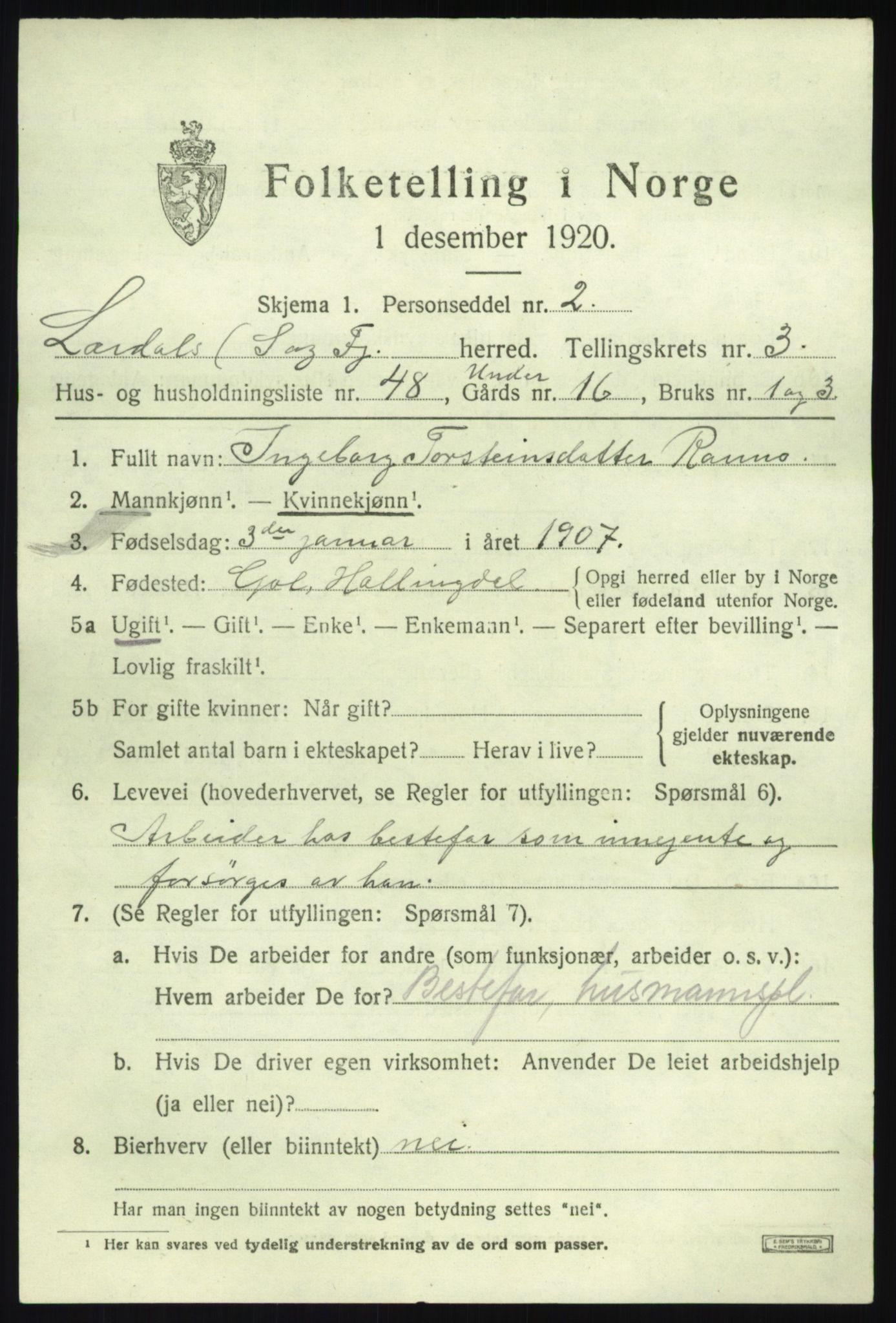 SAB, 1920 census for Lærdal, 1920, p. 2198