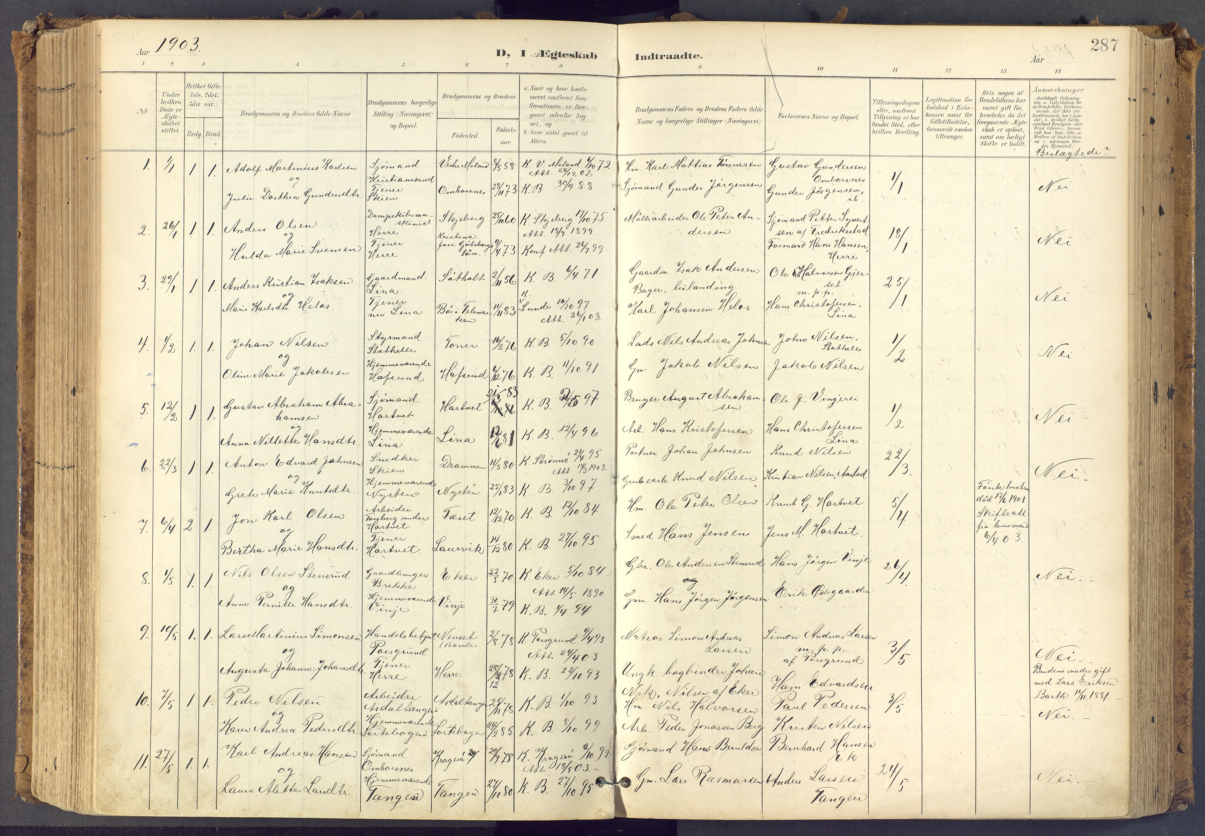 Bamble kirkebøker, SAKO/A-253/F/Fa/L0009: Parish register (official) no. I 9, 1901-1917, p. 287