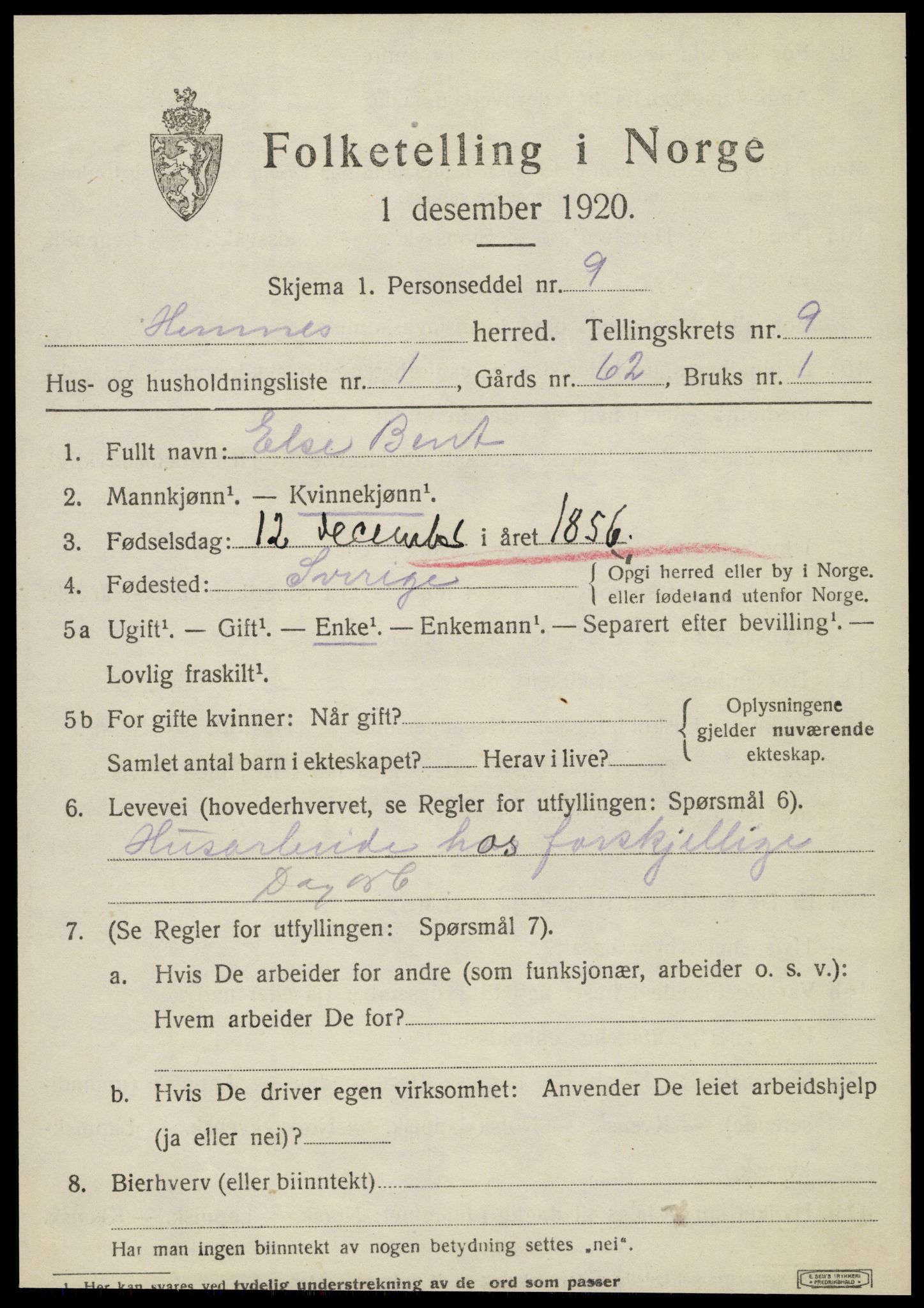 SAT, 1920 census for Hemnes, 1920, p. 8352