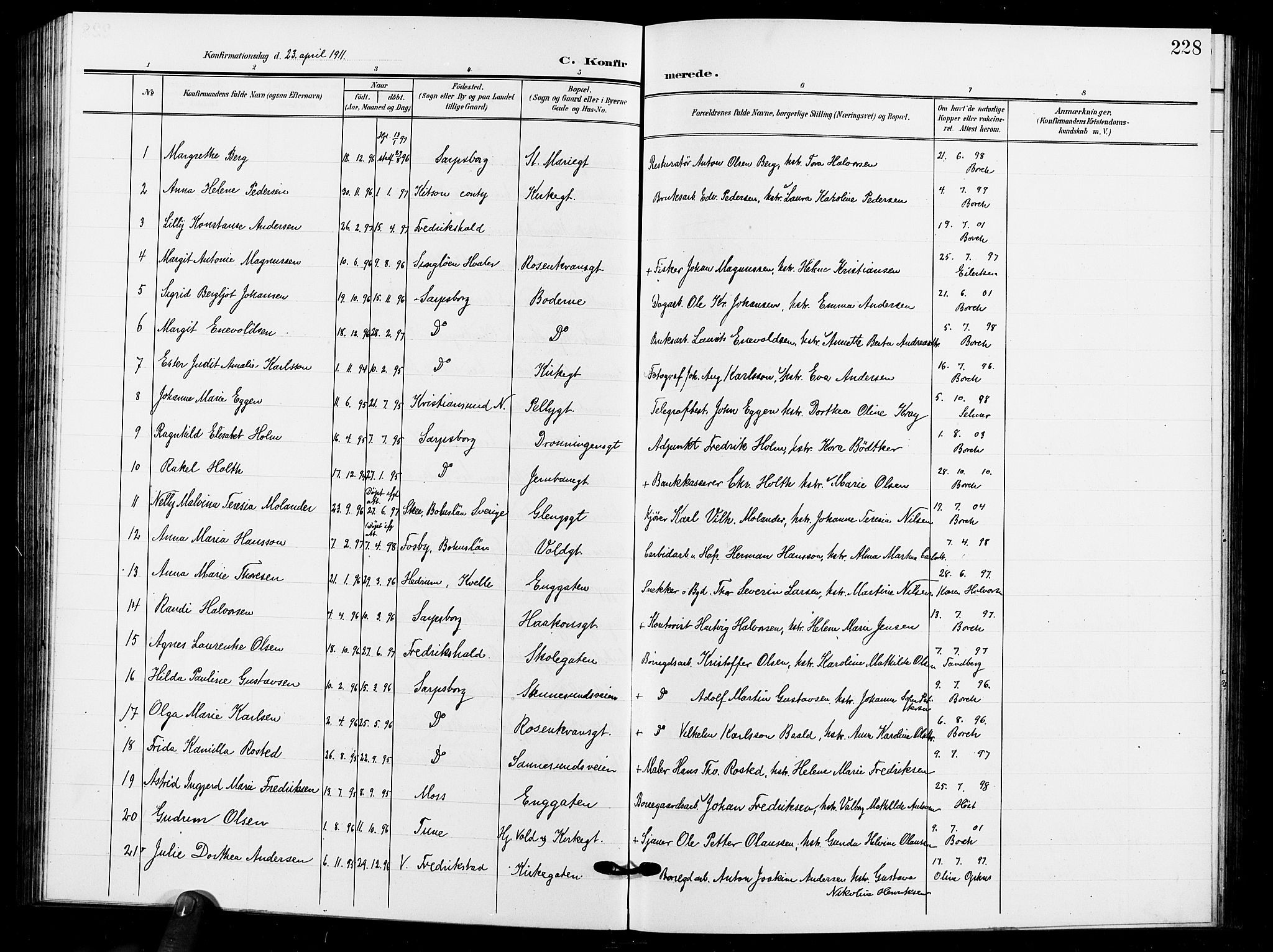 Sarpsborg prestekontor Kirkebøker, AV/SAO-A-2006/G/Ga/L0001: Parish register (copy) no. 1, 1902-1911, p. 228