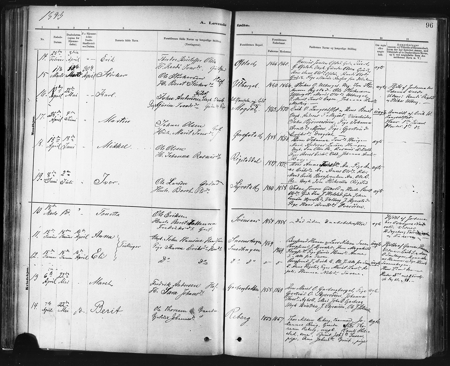 Ministerialprotokoller, klokkerbøker og fødselsregistre - Sør-Trøndelag, AV/SAT-A-1456/672/L0857: Parish register (official) no. 672A09, 1882-1893, p. 96