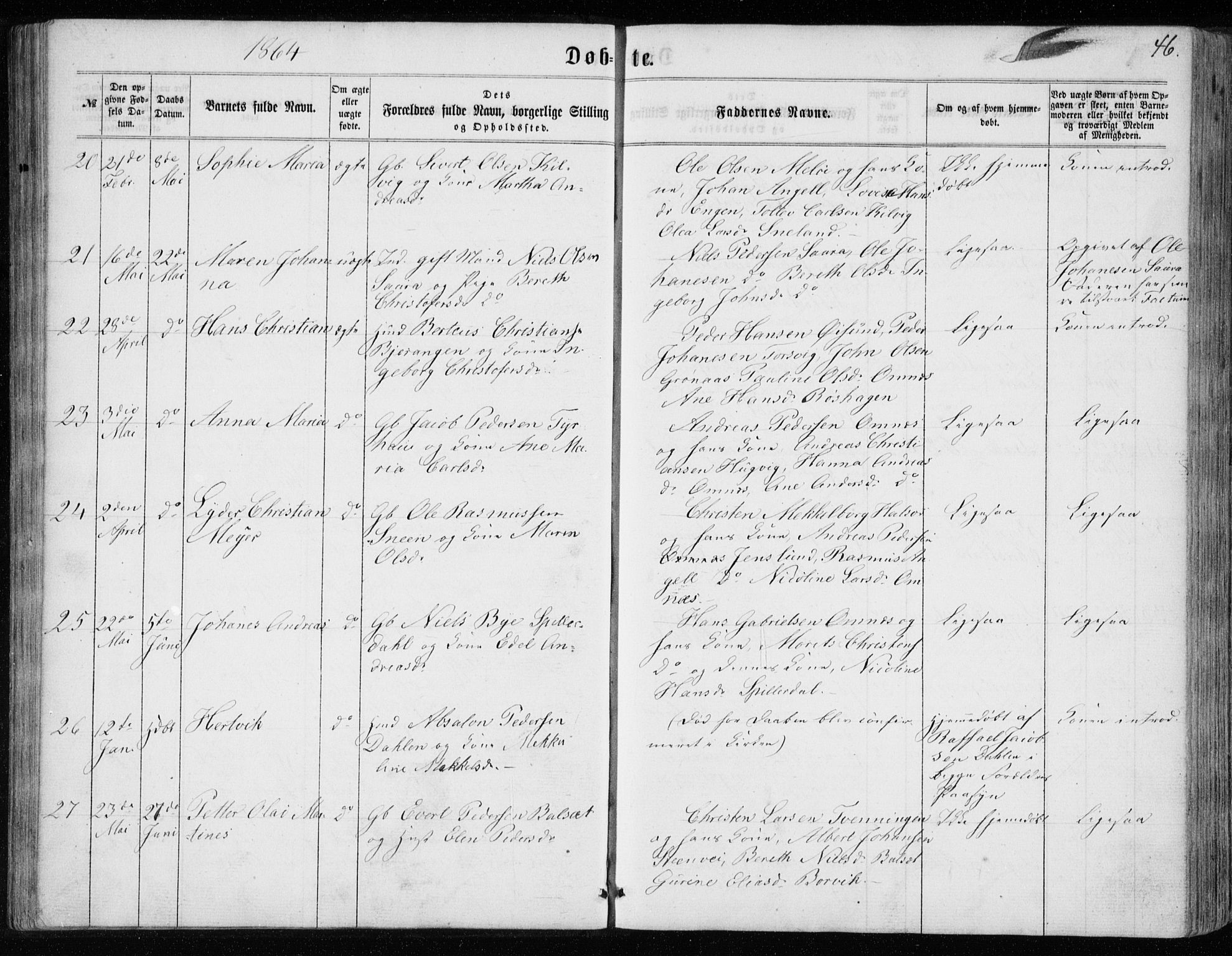 Ministerialprotokoller, klokkerbøker og fødselsregistre - Nordland, SAT/A-1459/843/L0634: Parish register (copy) no. 843C03, 1860-1884, p. 46