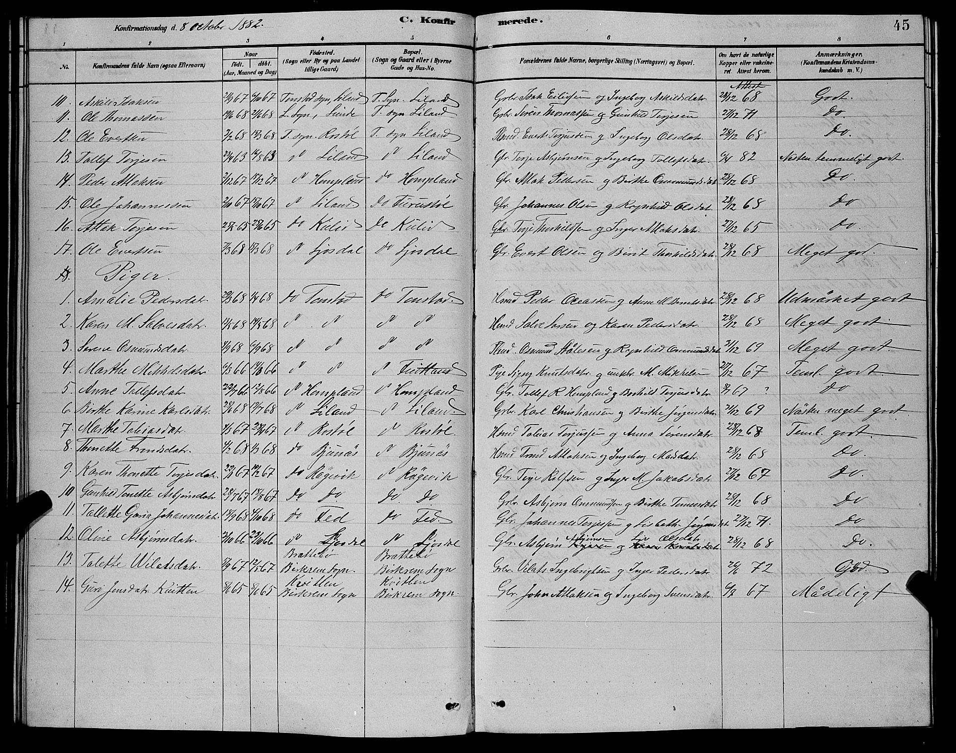 Sirdal sokneprestkontor, AV/SAK-1111-0036/F/Fb/Fbb/L0003: Parish register (copy) no. B 3, 1878-1894, p. 45