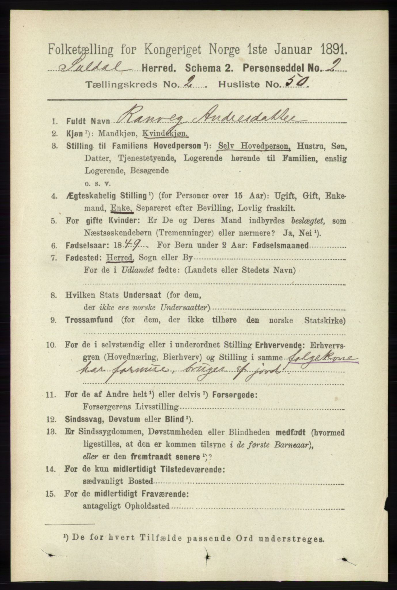 RA, 1891 census for 1134 Suldal, 1891, p. 520