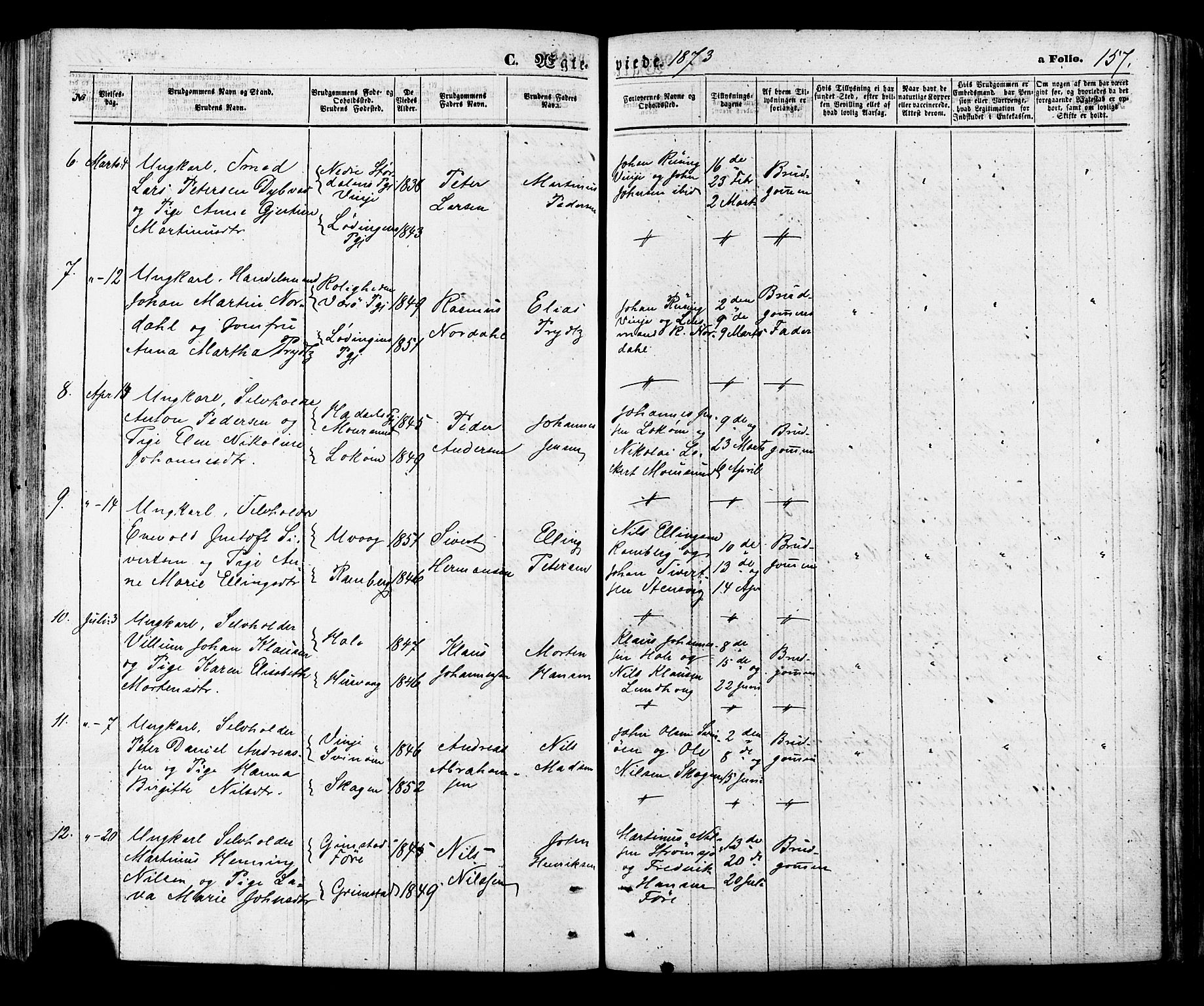 Ministerialprotokoller, klokkerbøker og fødselsregistre - Nordland, AV/SAT-A-1459/891/L1301: Parish register (official) no. 891A06, 1870-1878, p. 157