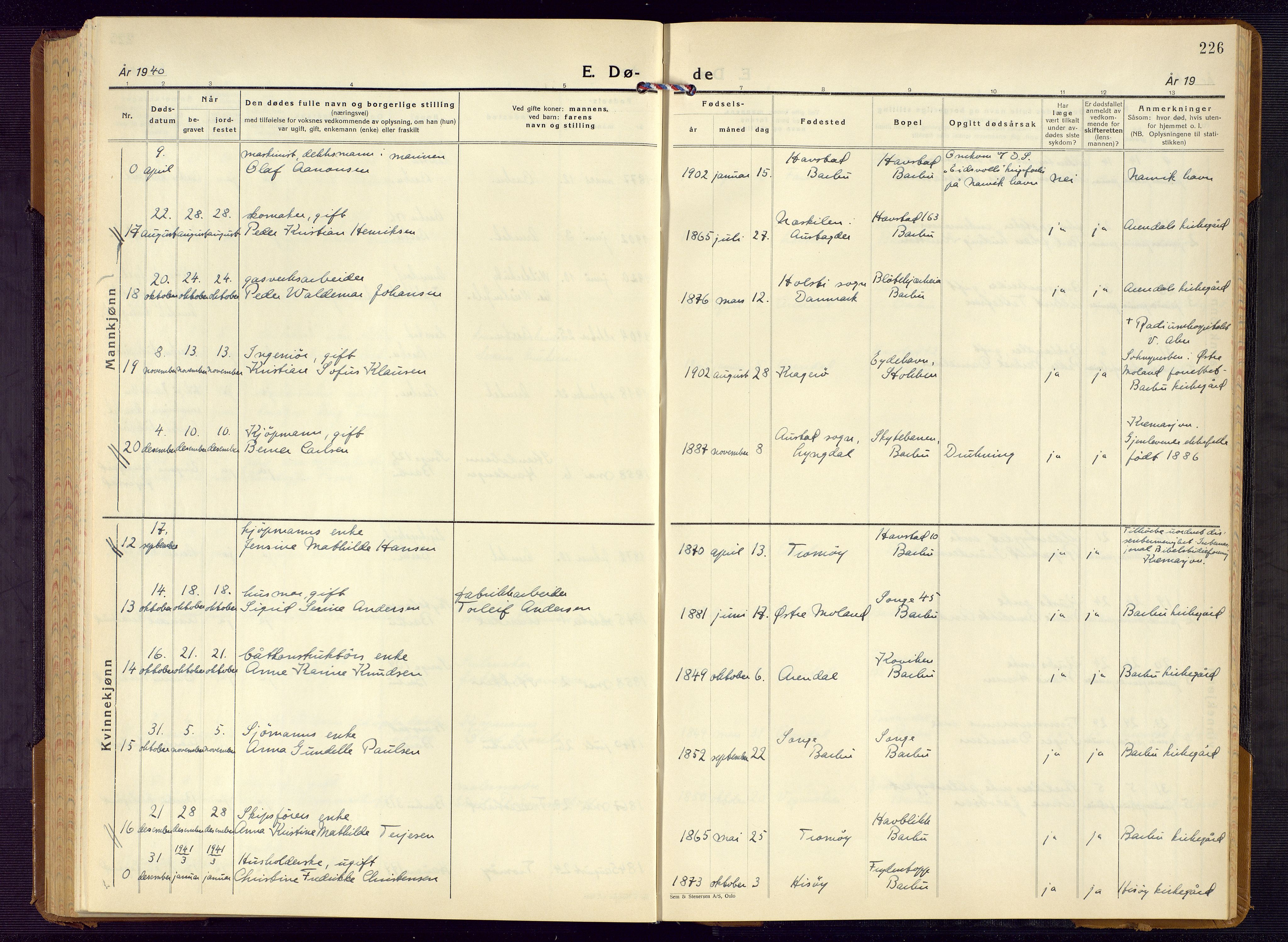 Barbu sokneprestkontor, SAK/1111-0003/F/Fb/L0006: Parish register (copy) no. B 6, 1937-1947, p. 226