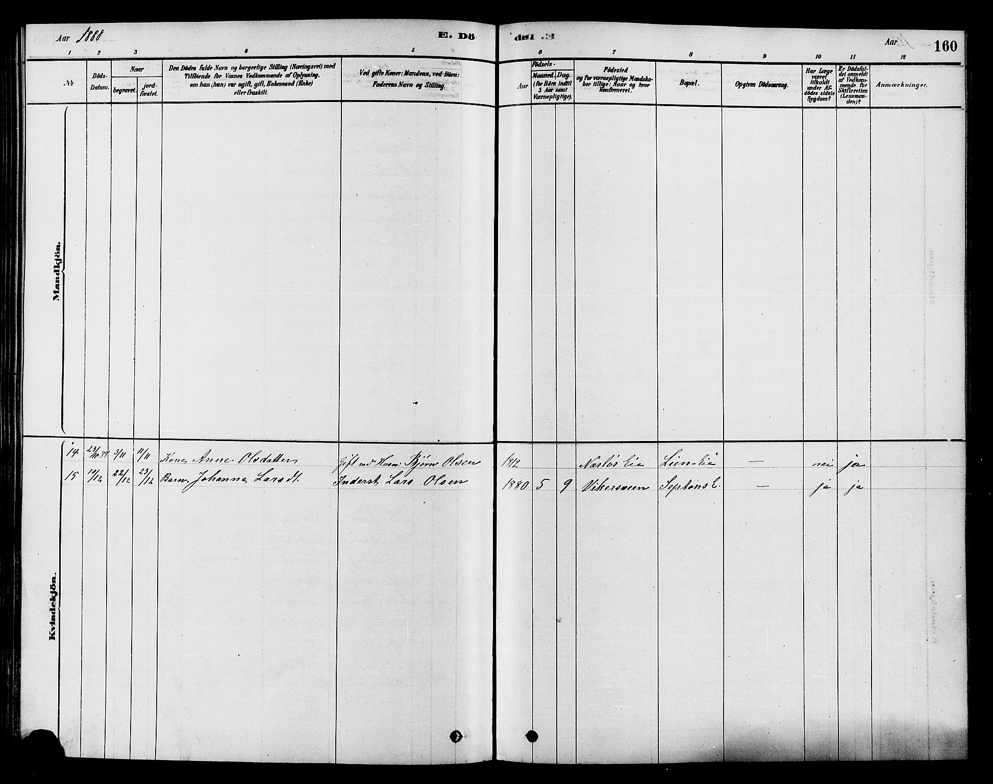 Søndre Land prestekontor, SAH/PREST-122/K/L0002: Parish register (official) no. 2, 1878-1894, p. 160