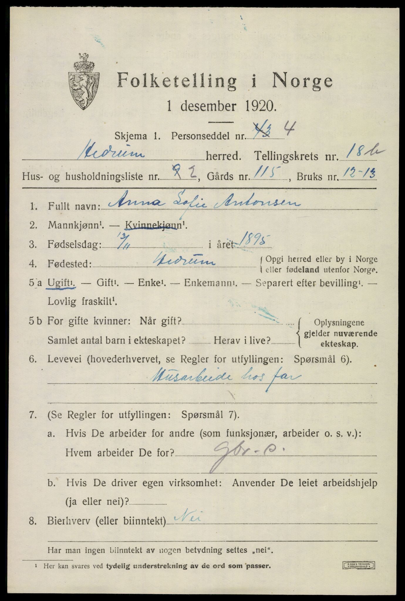 SAKO, 1920 census for Hedrum, 1920, p. 11025