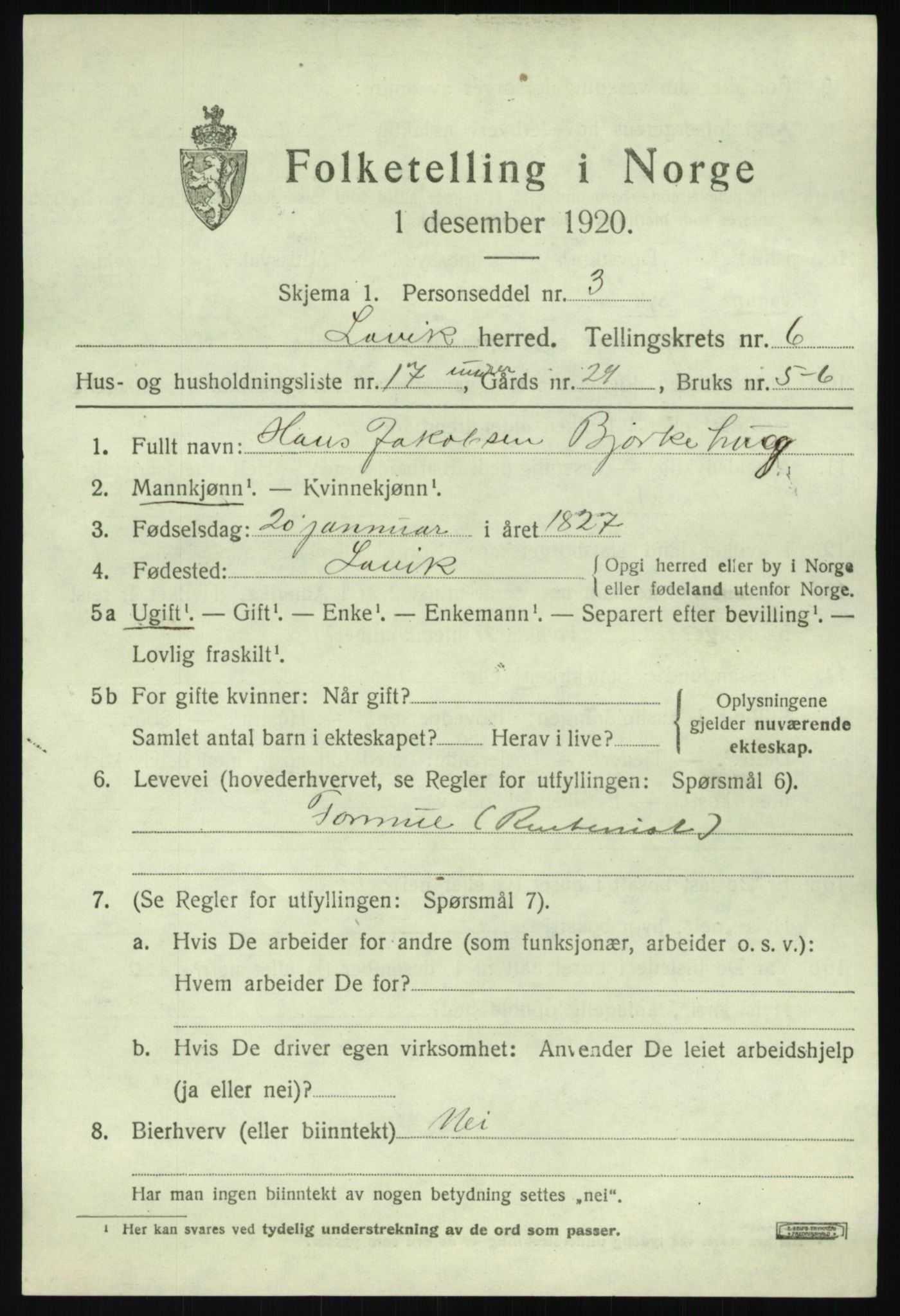 SAB, 1920 census for Lavik, 1920, p. 1522