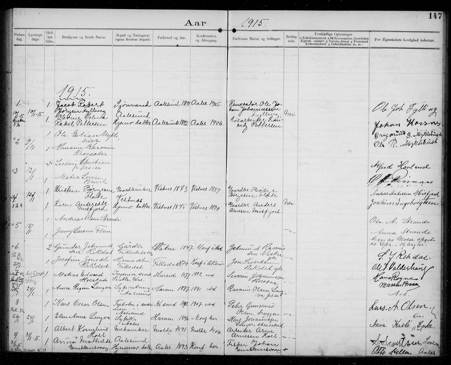 Ministerialprotokoller, klokkerbøker og fødselsregistre - Møre og Romsdal, AV/SAT-A-1454/529/L0458: Banns register no. 529A08, 1901-1918, p. 147