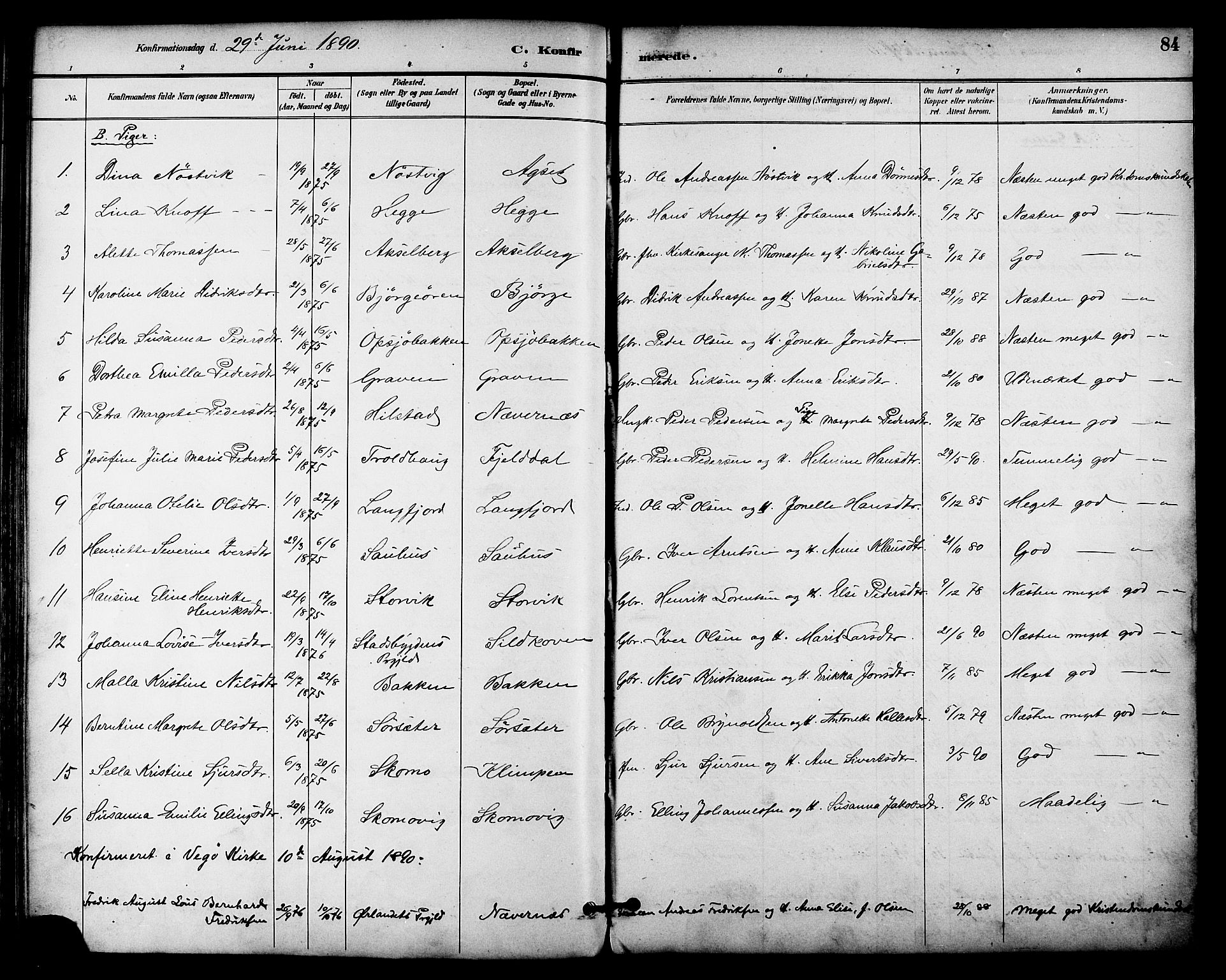 Ministerialprotokoller, klokkerbøker og fødselsregistre - Nordland, AV/SAT-A-1459/814/L0226: Parish register (official) no. 814A07, 1886-1898, p. 84